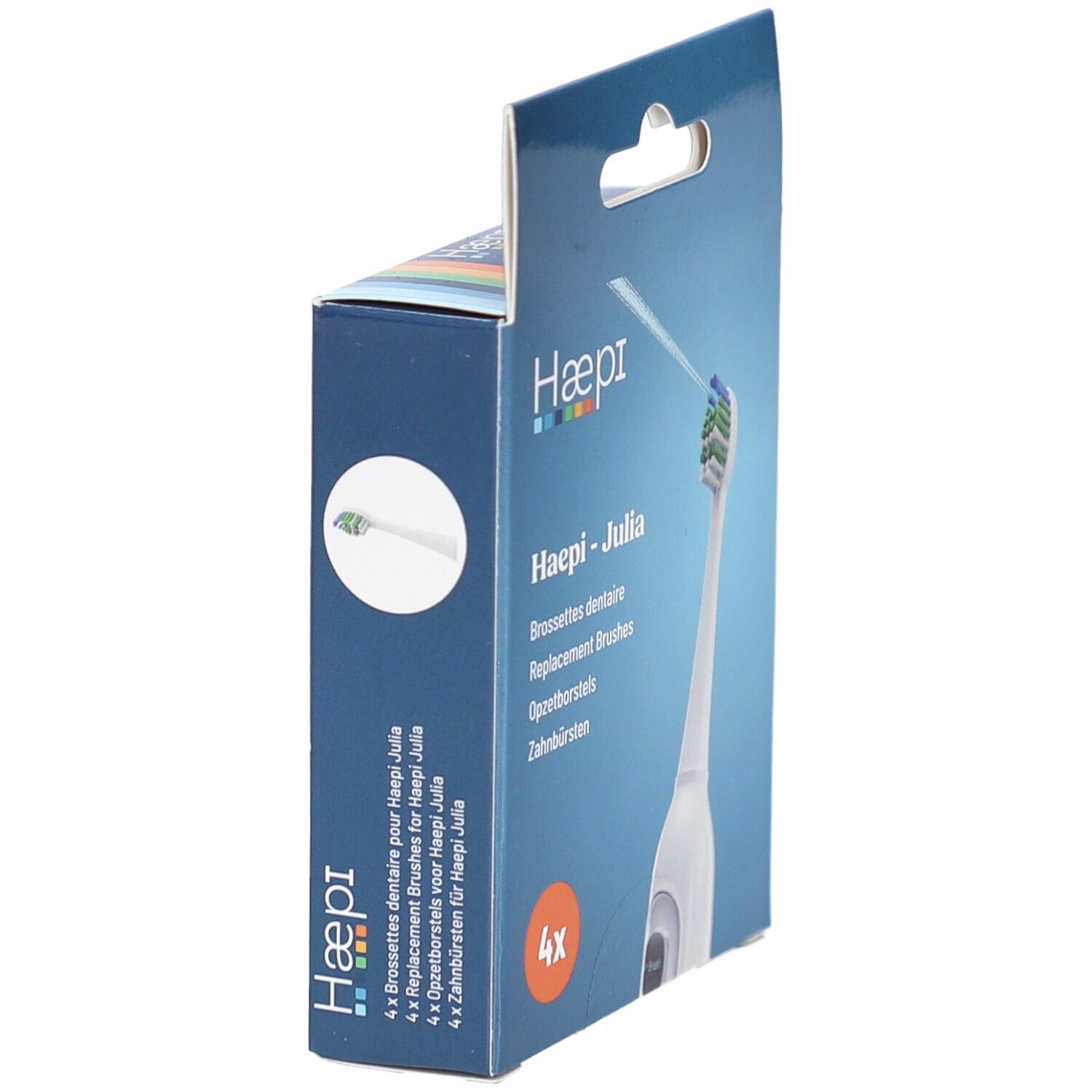 Verpackung der Haepi-Julia Zahnbürstenaufsätze. Blaue Schachtel mit Produktabbildung und Text.