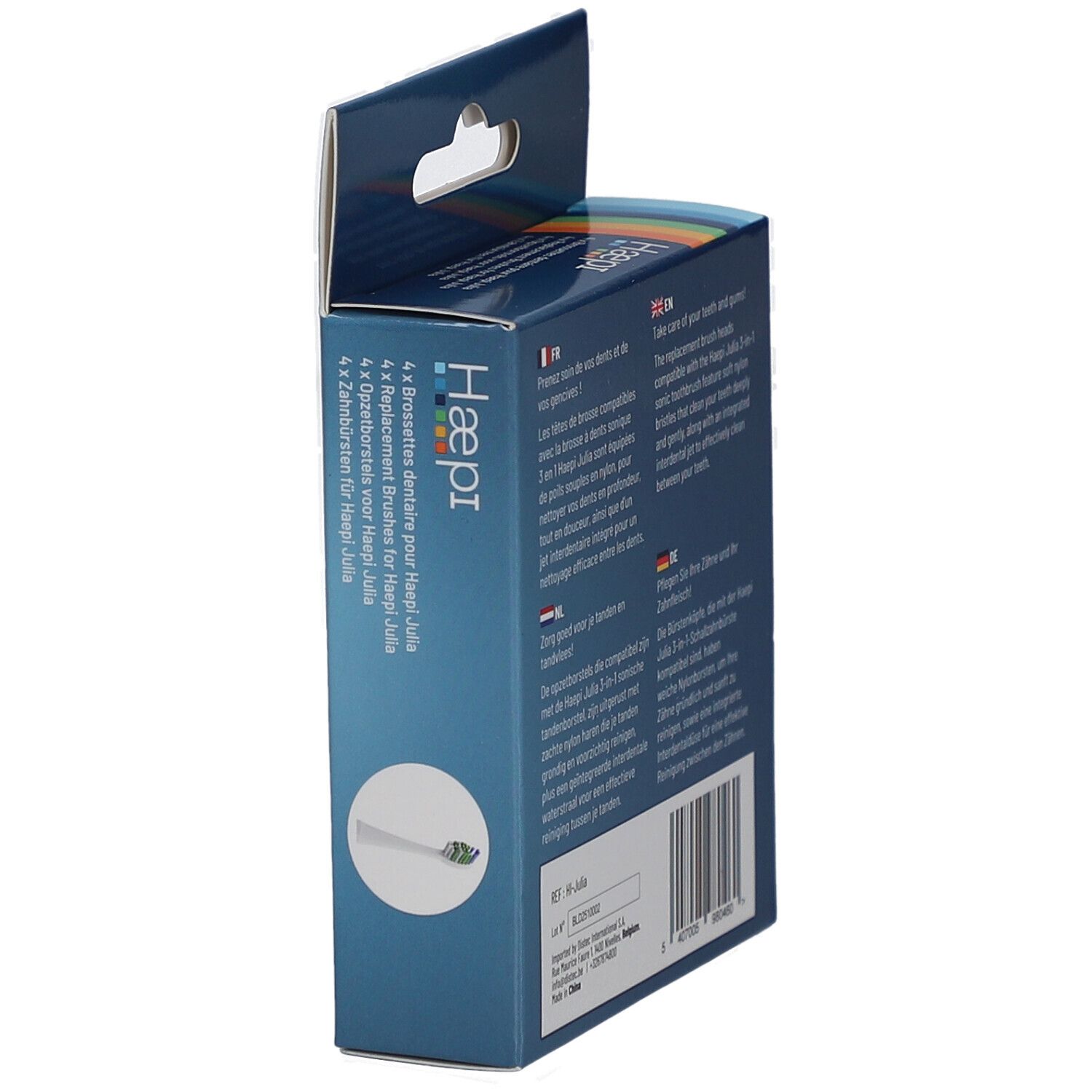 Verpackung der Haepi-Julia Zahnbürstenaufsätze. Blaue Schachtel mit Produktabbildung und Text.