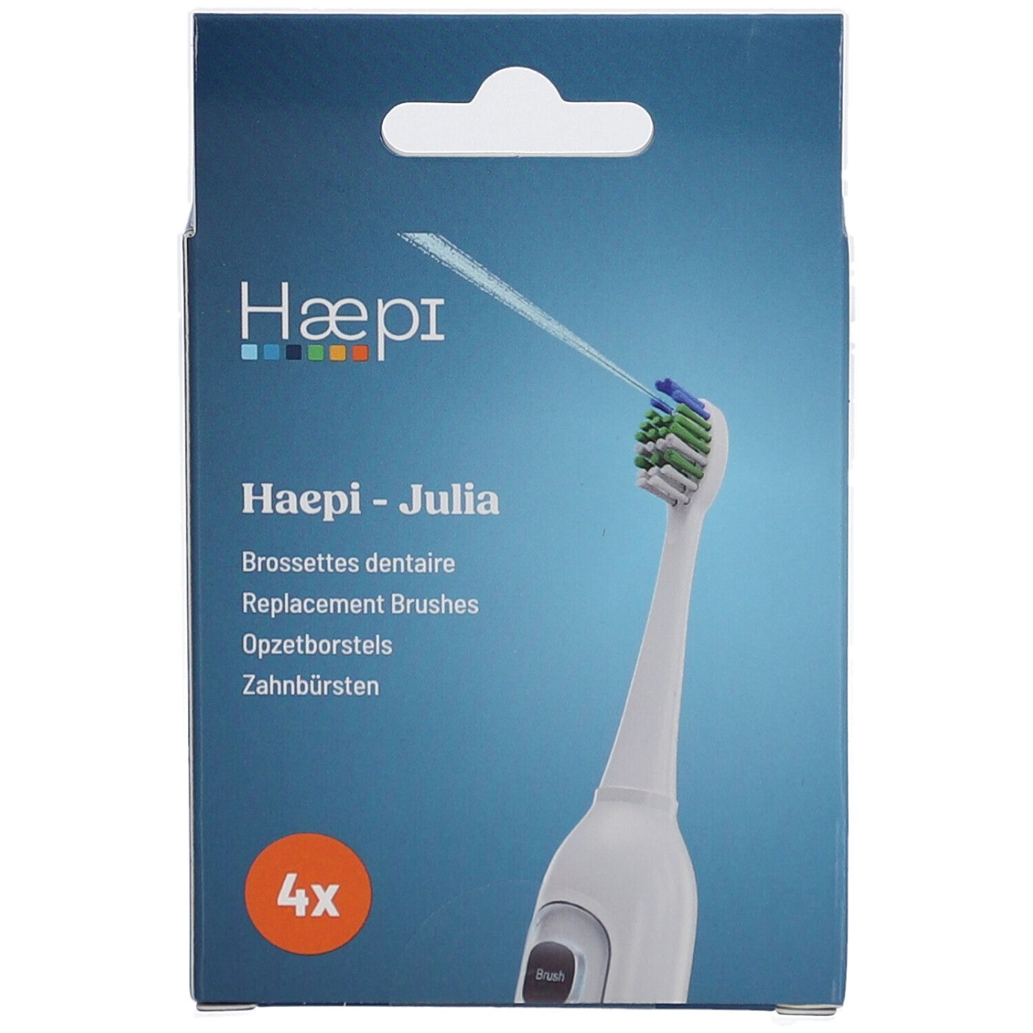 Haepi-Julia Zahnbürstenaufsätze. Verpackung mit 4 Stück. Aufsatz mit grünen, blauen Borsten.