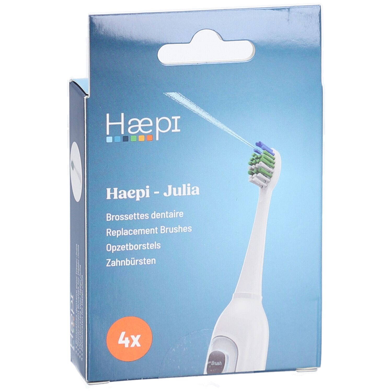 Haepi-Julia Zahnbürstenaufsätze. Verpackung mit 4 Stück. Aufsatz mit grünen, blauen Borsten.