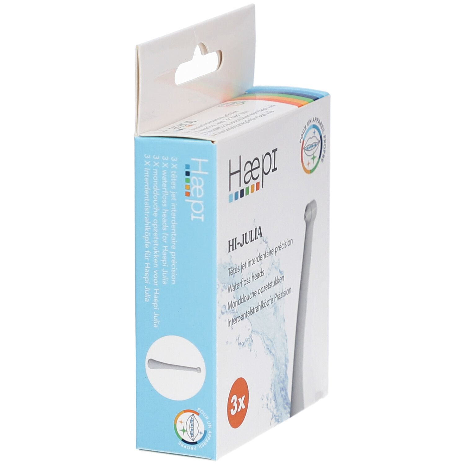 Verpackung mit drei Präzisions-Interdentalstrahlköpfen. Marke Haepi, Modell Hi-Julia. Seitenansicht.