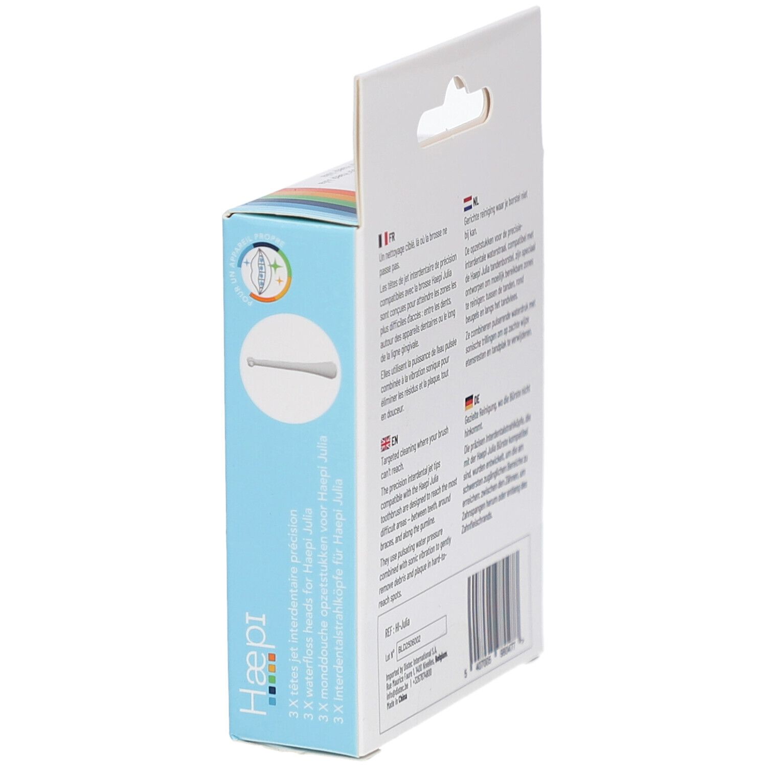 Seitenansicht der Verpackung mit Informationen in Deutsch, Französisch, Niederländisch und Englisch. Marke Haepi.