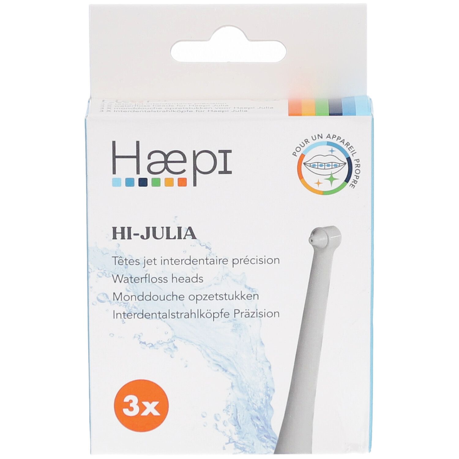 Verpackung mit drei Präzisions-Interdentalstrahlköpfen. Marke Haepi, Modell Hi-Julia. Weißer Kopf, blaue Verpackung.
