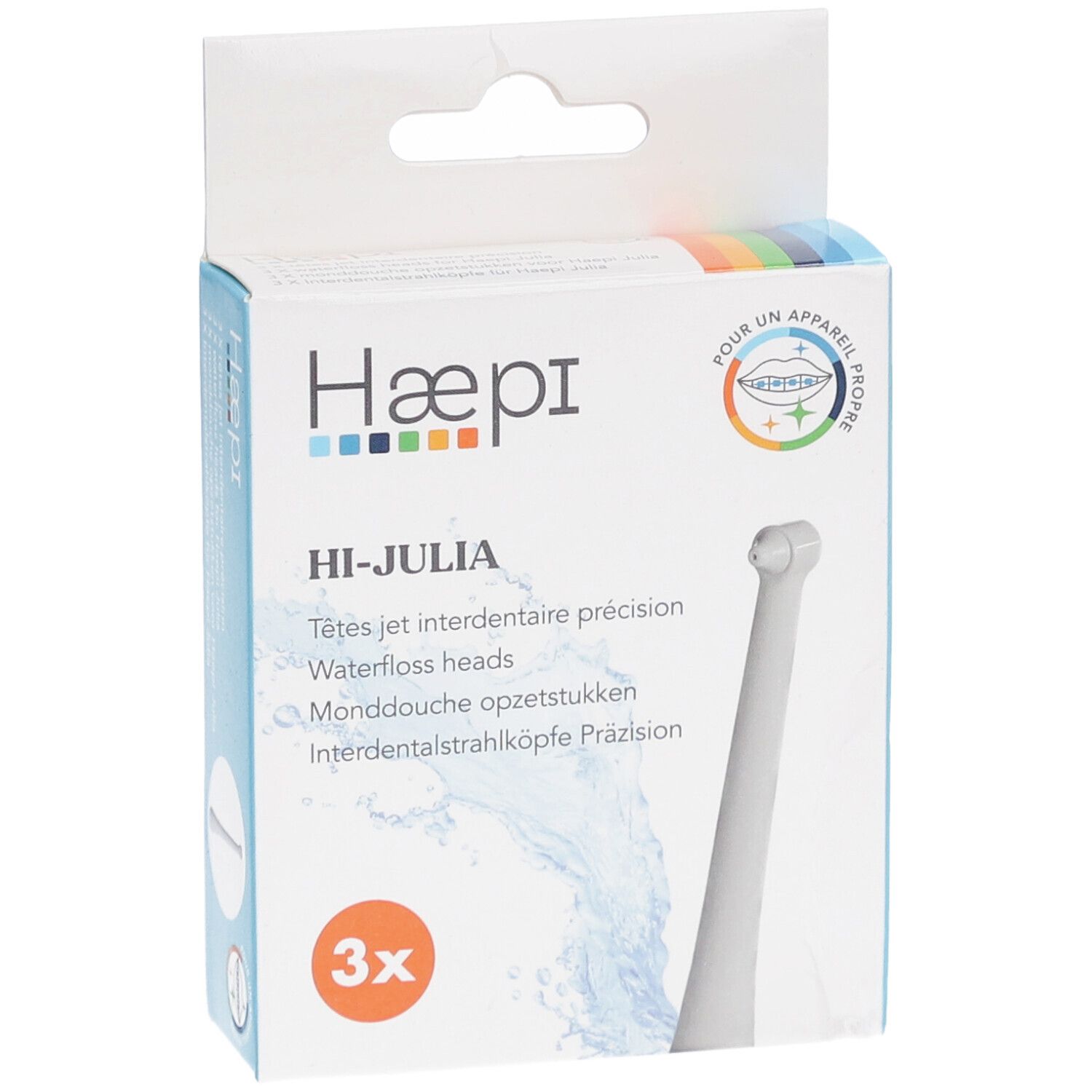 Verpackung mit drei Präzisions-Interdentalstrahlköpfen. Marke Haepi, Modell Hi-Julia. Weißer Kopf, blaue Verpackung.