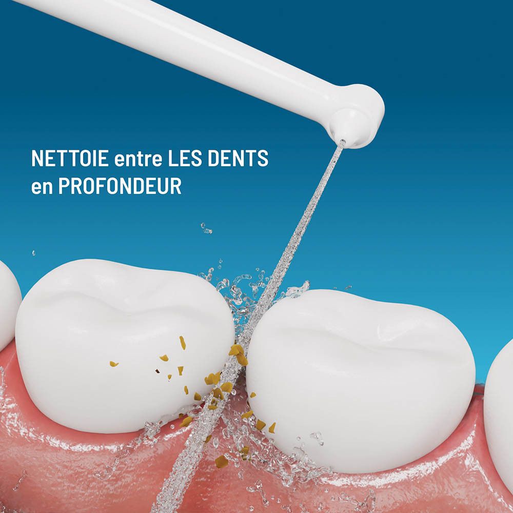 Modèle dentaire avec jet d'eau. Texte : Nettoie entre les dents en profondeur.
