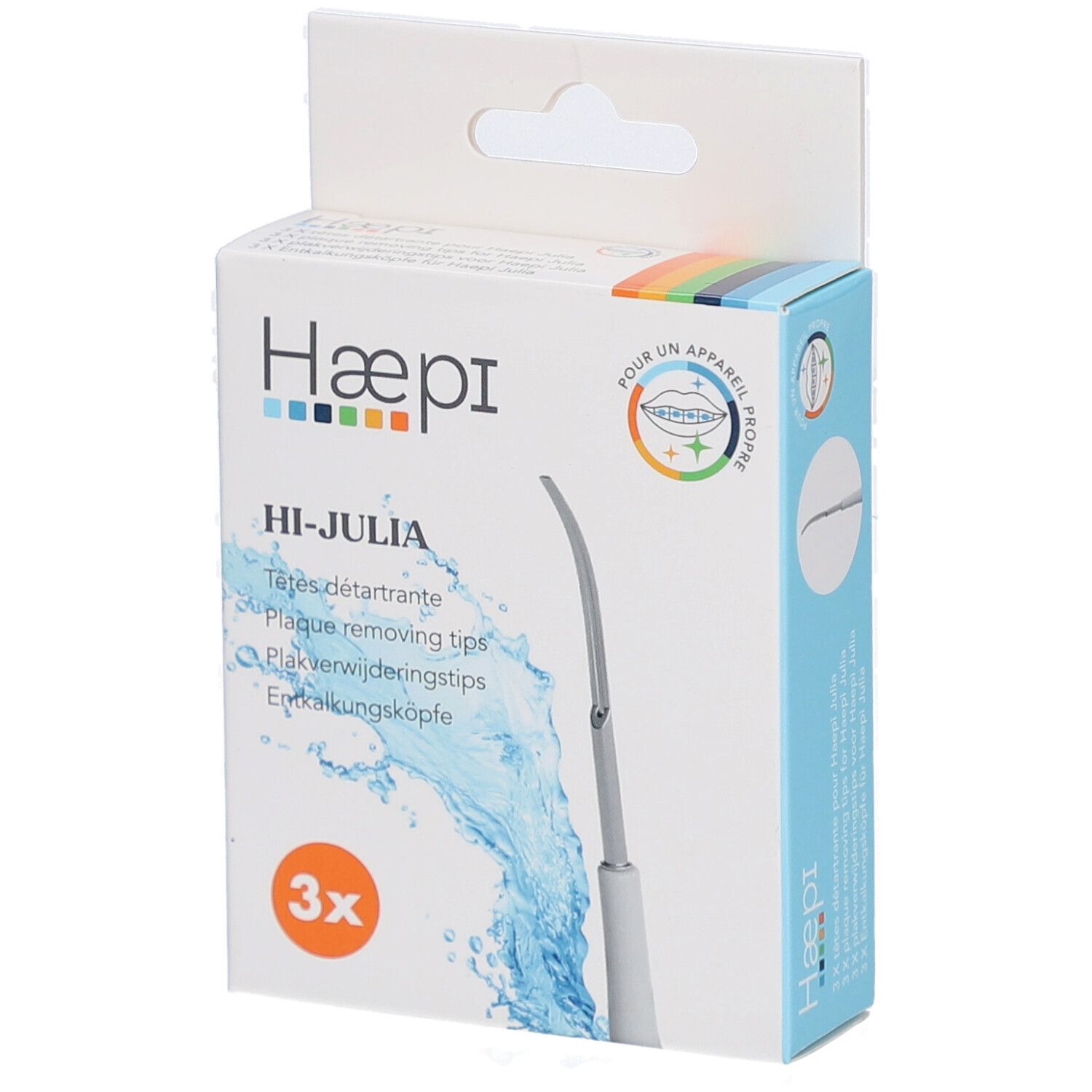 Verpackung mit 3 Aufsätzen für die Zahnbürste. Marke Haepi, Modell Hi-Julia. Blaue und weiße Verpackung.