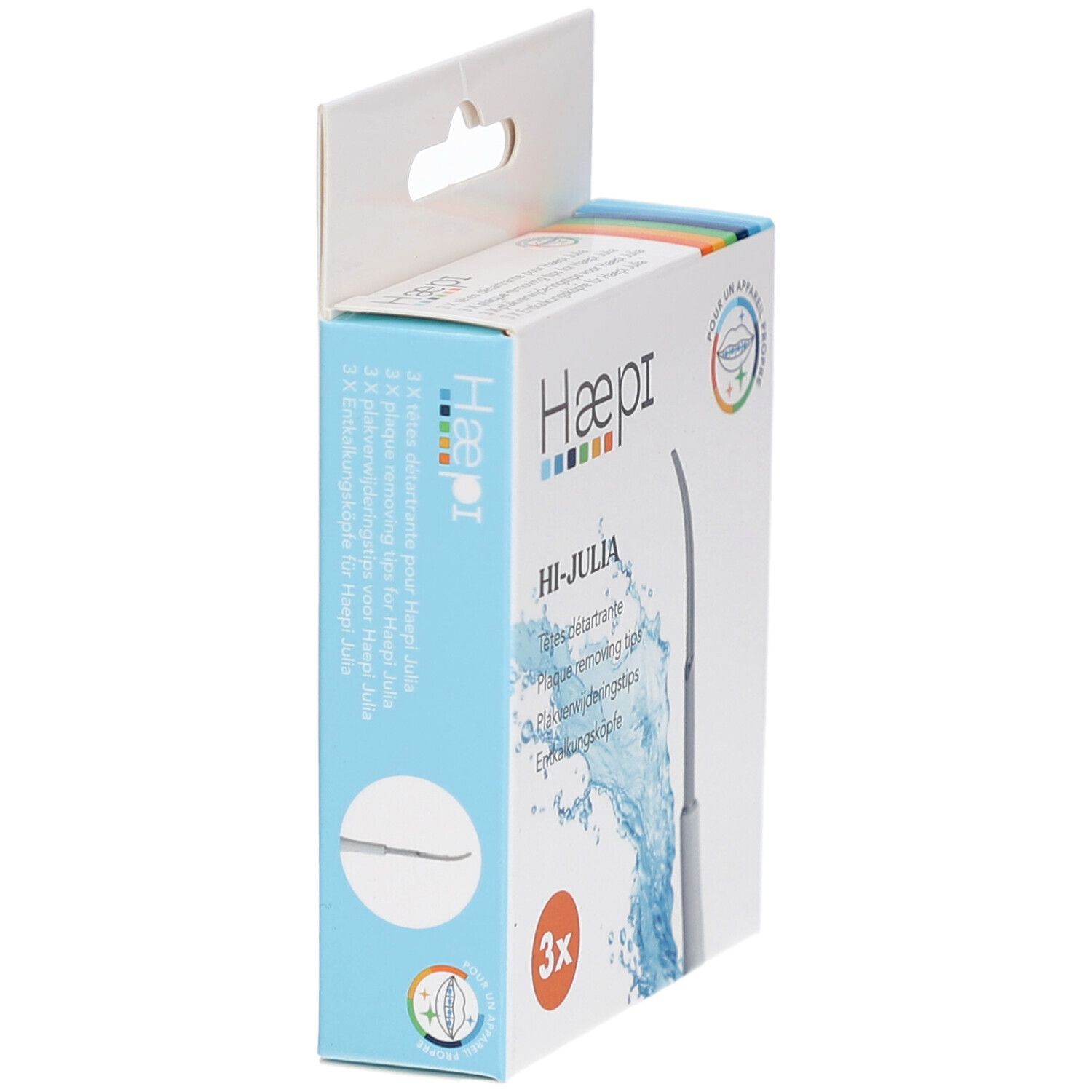 Seitenansicht der Verpackung mit 3 Aufsätzen für die Zahnbürste. Marke Haepi, Modell Hi-Julia.
