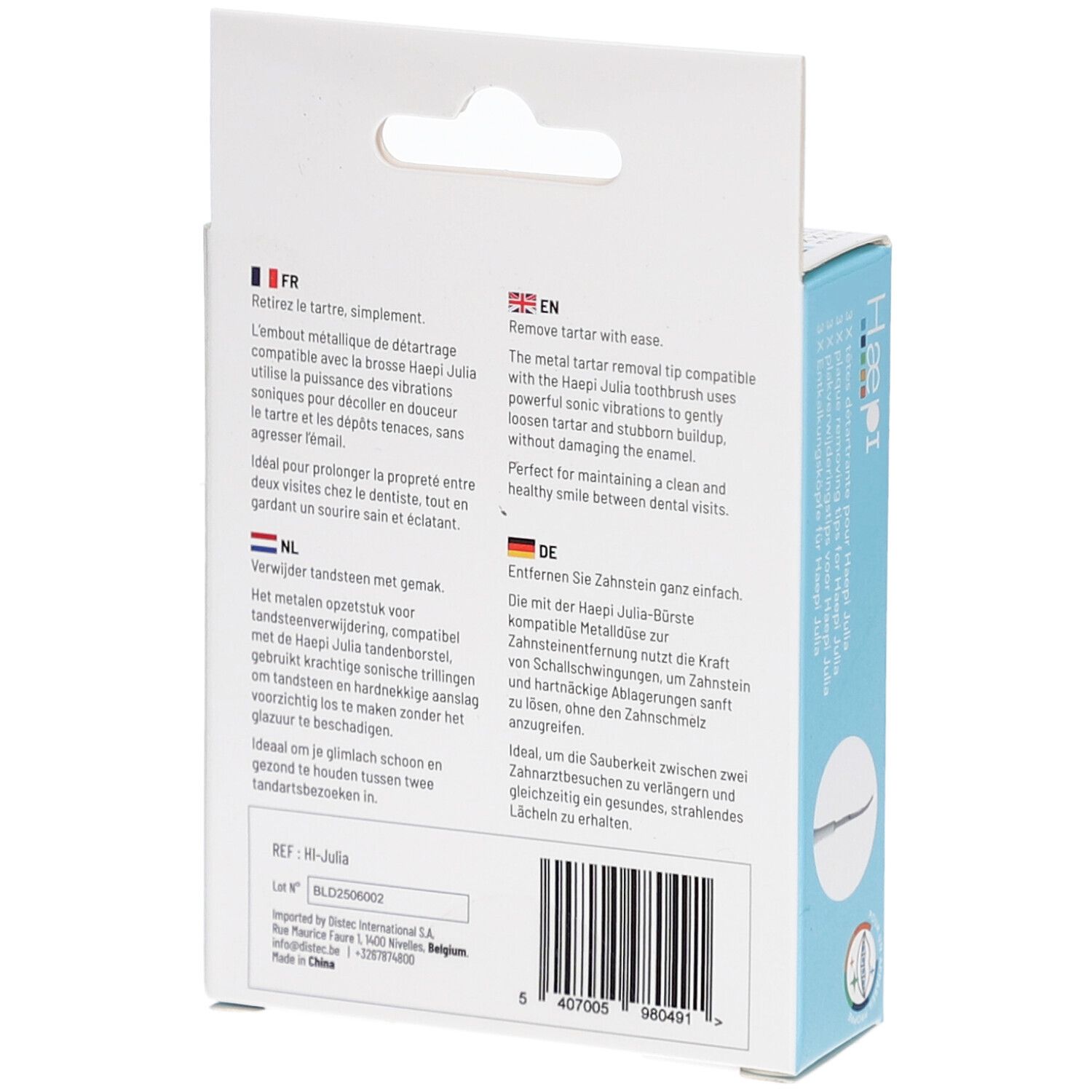 Rückseite der Verpackung mit Produktinformationen. Marke Haepi, Modell Hi-Julia. Text in mehreren Sprachen.