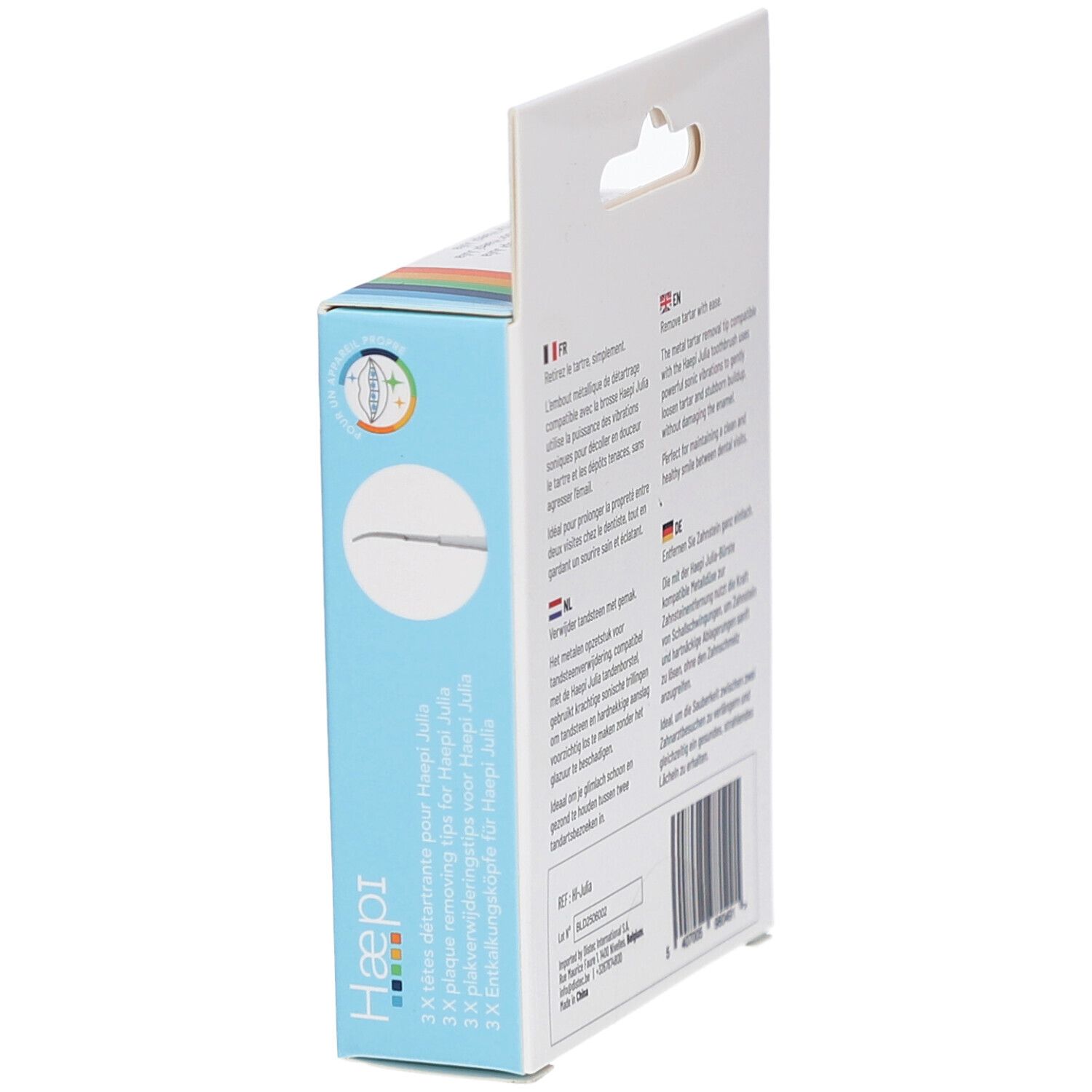 Seitenansicht der Verpackung mit Produktinformationen. Marke Haepi, Modell Hi-Julia. Text in mehreren Sprachen.