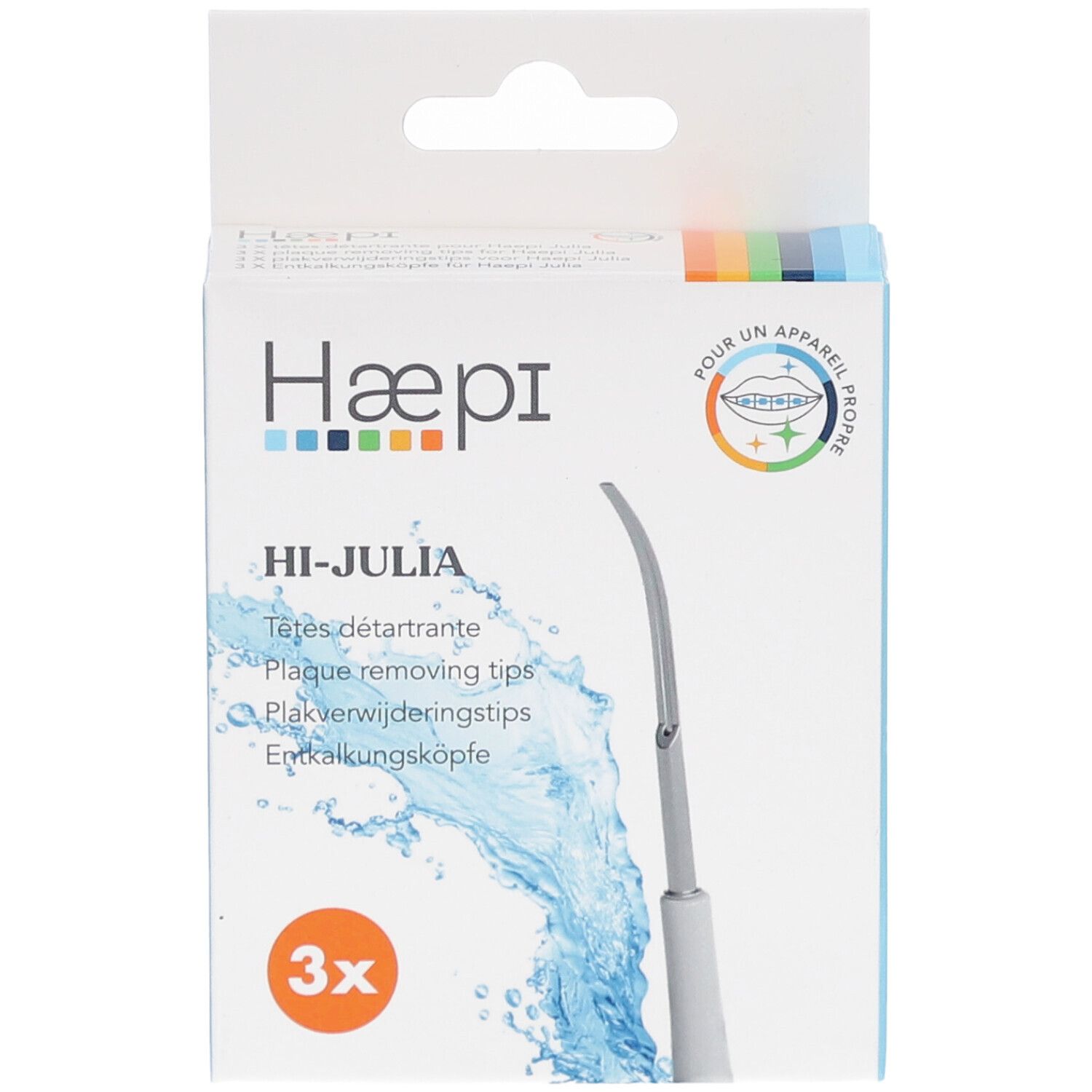 Verpackung mit 3 Aufsätzen für die Zahnbürste. Marke Haepi, Modell Hi-Julia. Blaue und weiße Verpackung.