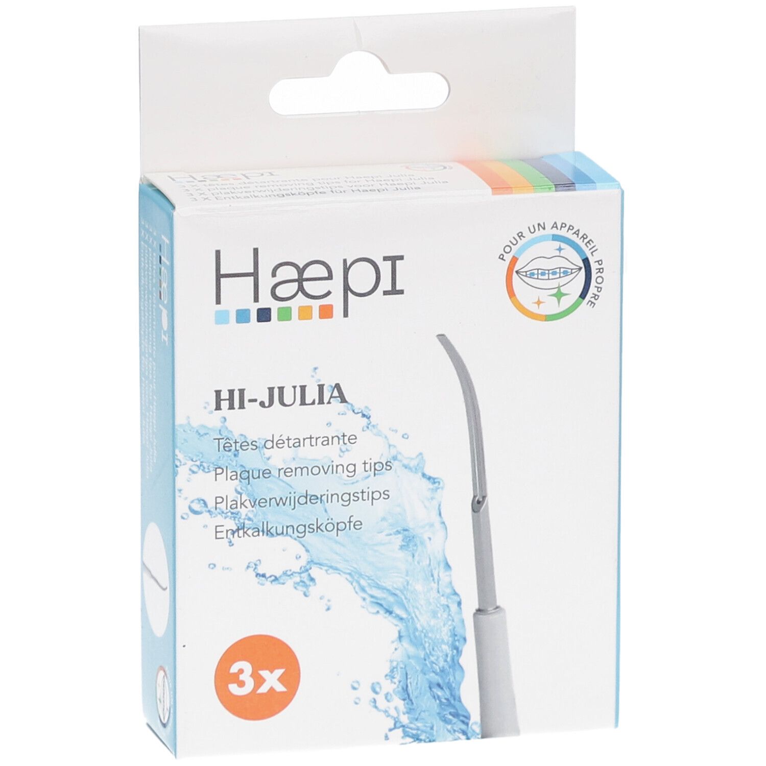 Verpackung mit 3 Aufsätzen für die Zahnbürste. Marke Haepi, Modell Hi-Julia. Blaue und weiße Verpackung.