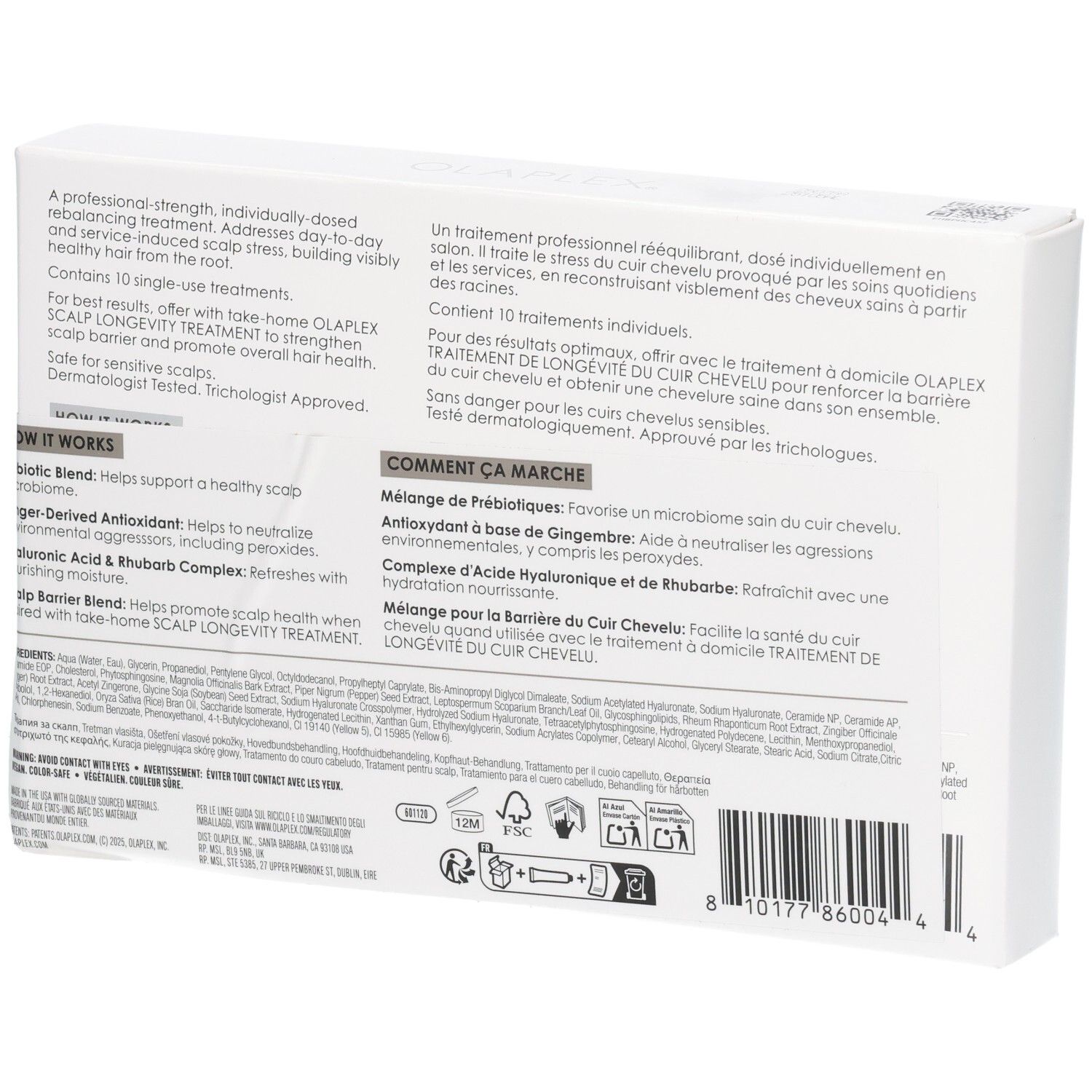 Verpackung für OLAPLEX SCALP LONGEVITY TREATMENT mit 10 Einzelbehandlungen. Enthält Produktinformationen und Anwendungshinweise.