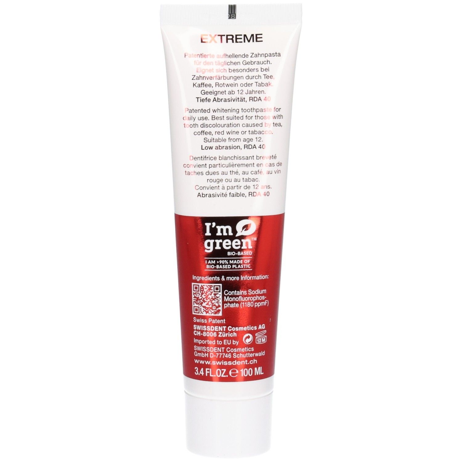 Rückseite der Zahncreme-Tube. Text: EXTREME, Whitening Toothpaste. Geeignet ab 12 Jahren. I'm green Logo. Inhaltsstoffe.