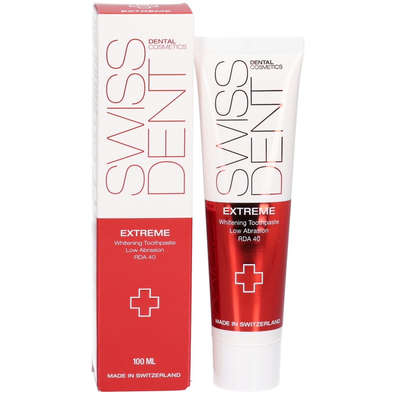 Zahncreme-Tube und Schachtel. Schriftzug SWISS DENT, EXTREME, Whitening Toothpaste. Rotes Kreuz. 100 ml. Made in Switzerland.
