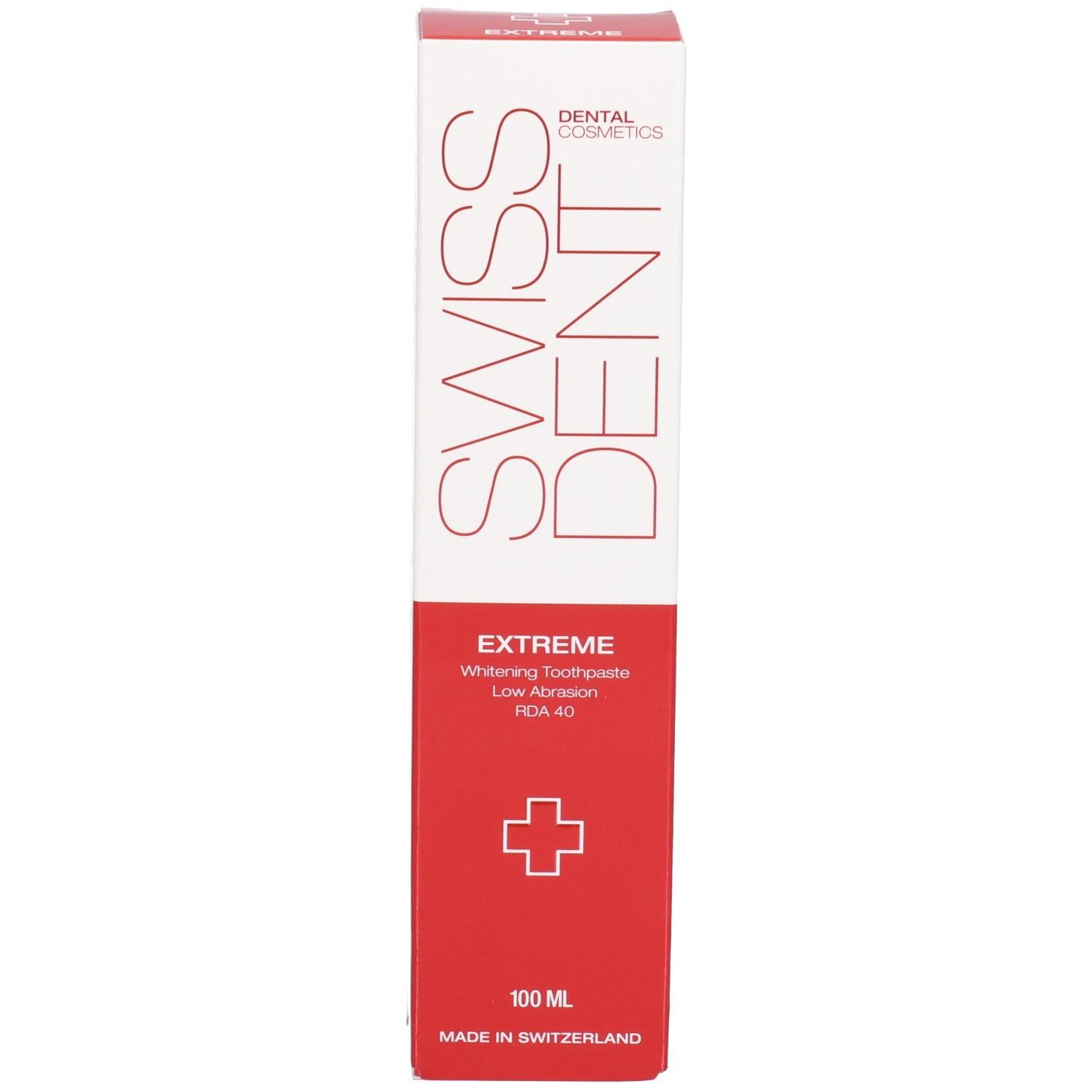 Schachtel, weiß-rot. Schriftzug SWISS DENT, EXTREME, Whitening Toothpaste. Rotes Kreuz. 100 ml. Made in Switzerland.