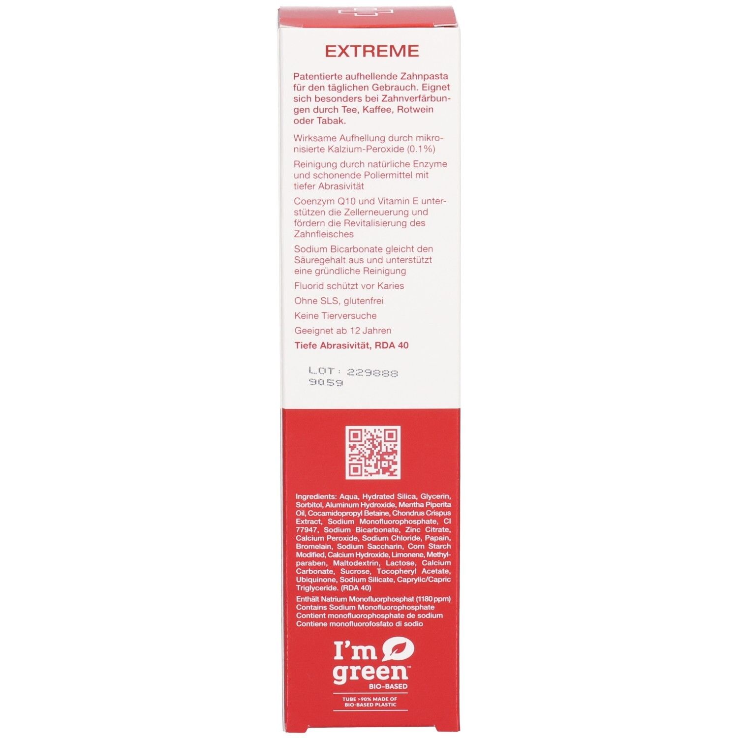 Schachtel, weiß-rot. Text: EXTREME, Whitening Toothpaste. Geeignet ab 12 Jahren. I'm green Logo. Inhaltsstoffe.
