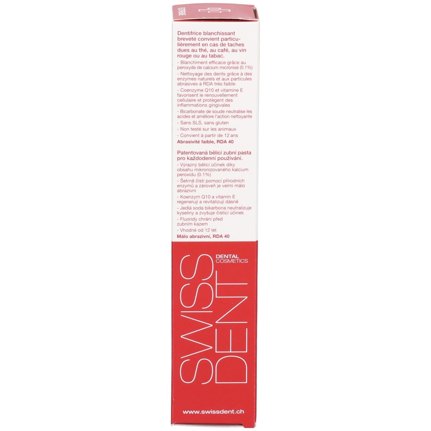 Schachtel, weiß-rot. Text: Dentifrice blanchissant. Geeignet ab 12 Jahren. www.swissdent.ch.