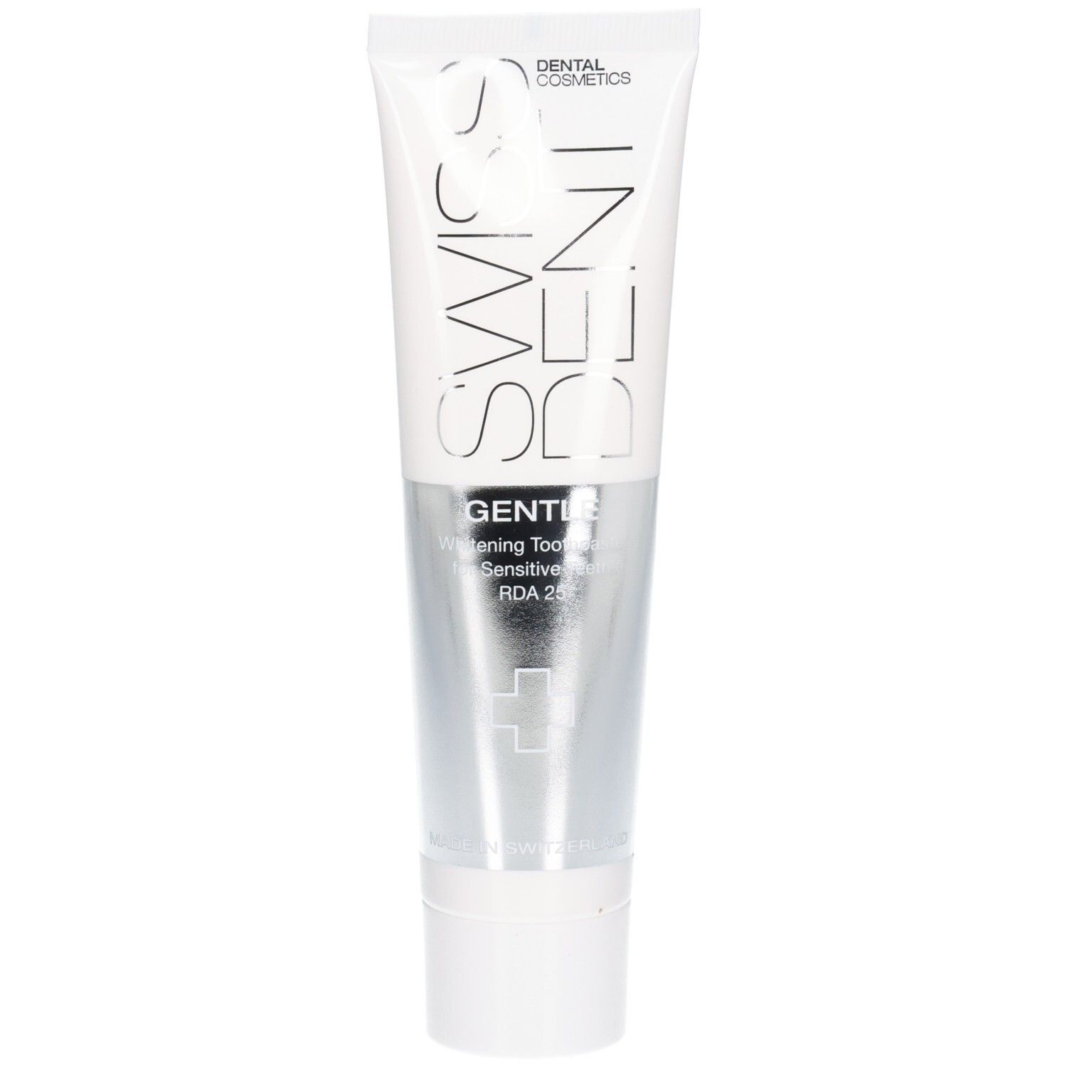 Zahncreme-Tube, weiß mit silbernem Mittelteil. Aufschrift: SWISSDENT, GENTLE, Whitening Toothpaste, RDA 25.