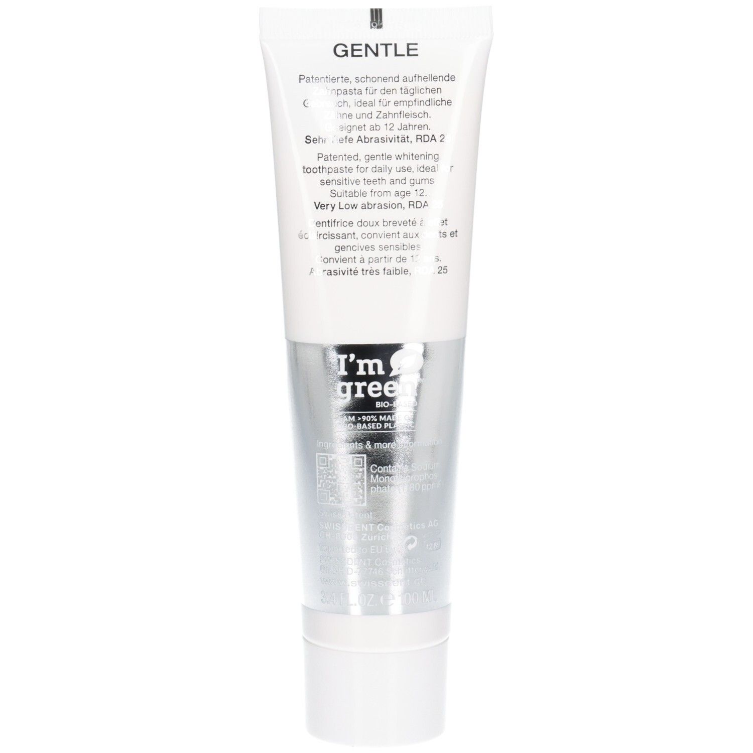 Rückseite der Zahncreme-Tube. Text in mehreren Sprachen. Logo: I'm green. Sehr niedrige Abrasion, RDA 2.