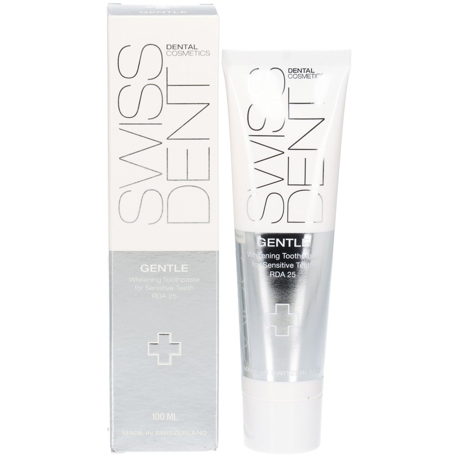 Zahncreme-Tube und Schachtel. Beide weiß mit silbernen Elementen. Aufschrift: SWISSDENT, GENTLE, RDA 25.