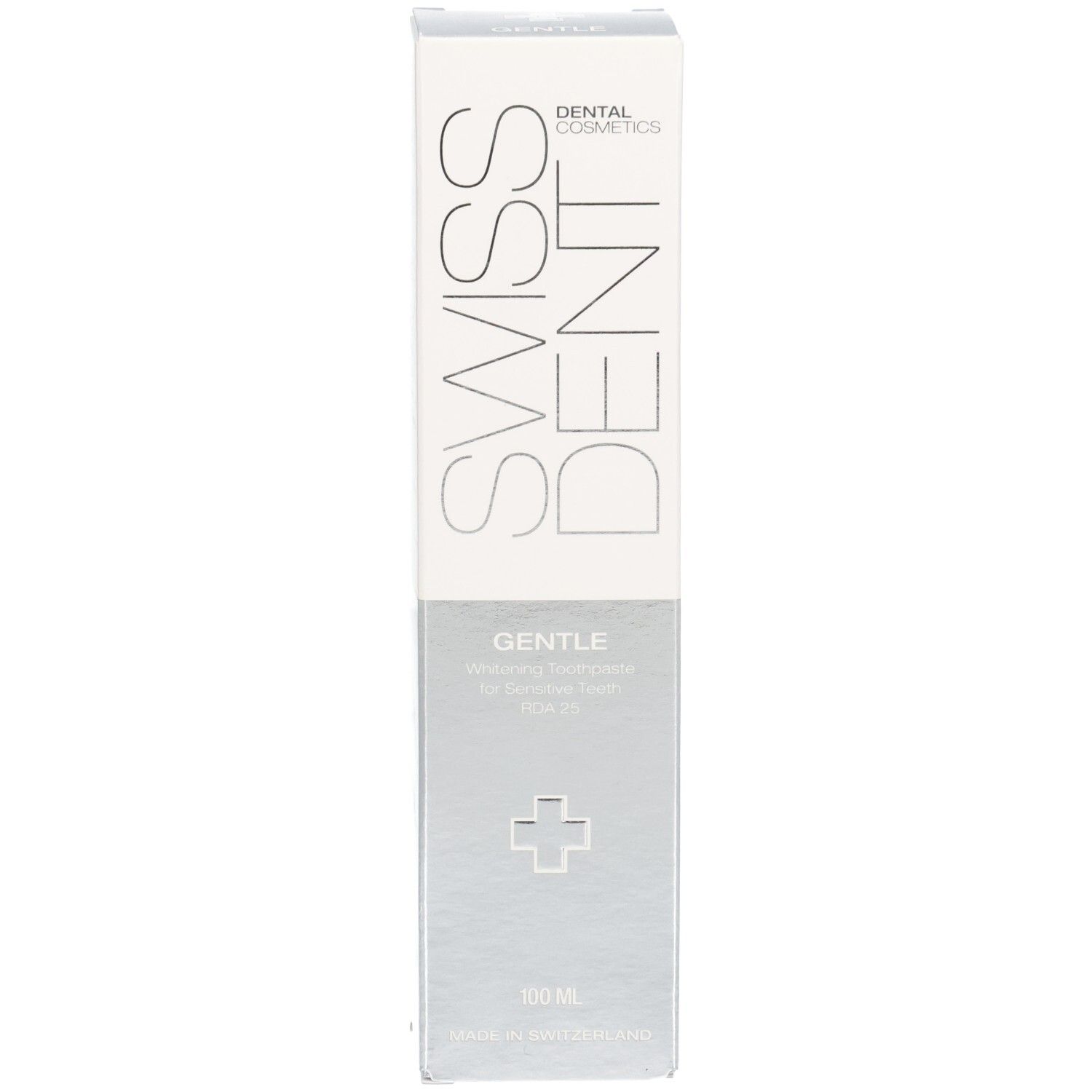 Schachtel, weiß mit silbernem Mittelteil. Aufschrift: SWISSDENT, GENTLE, RDA 25. Unten: 100 ml.