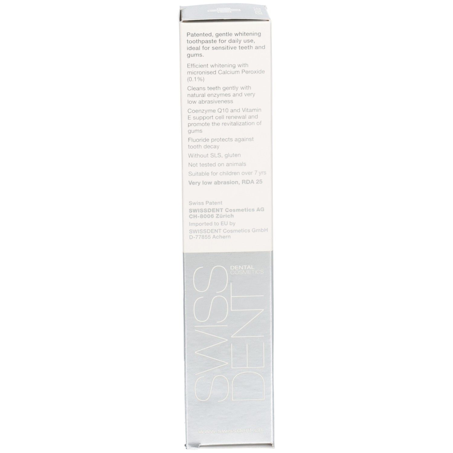 Rückseite der Schachtel. Text in mehreren Sprachen. Aufschrift: SWISSDENT. Unten: 100 ml.