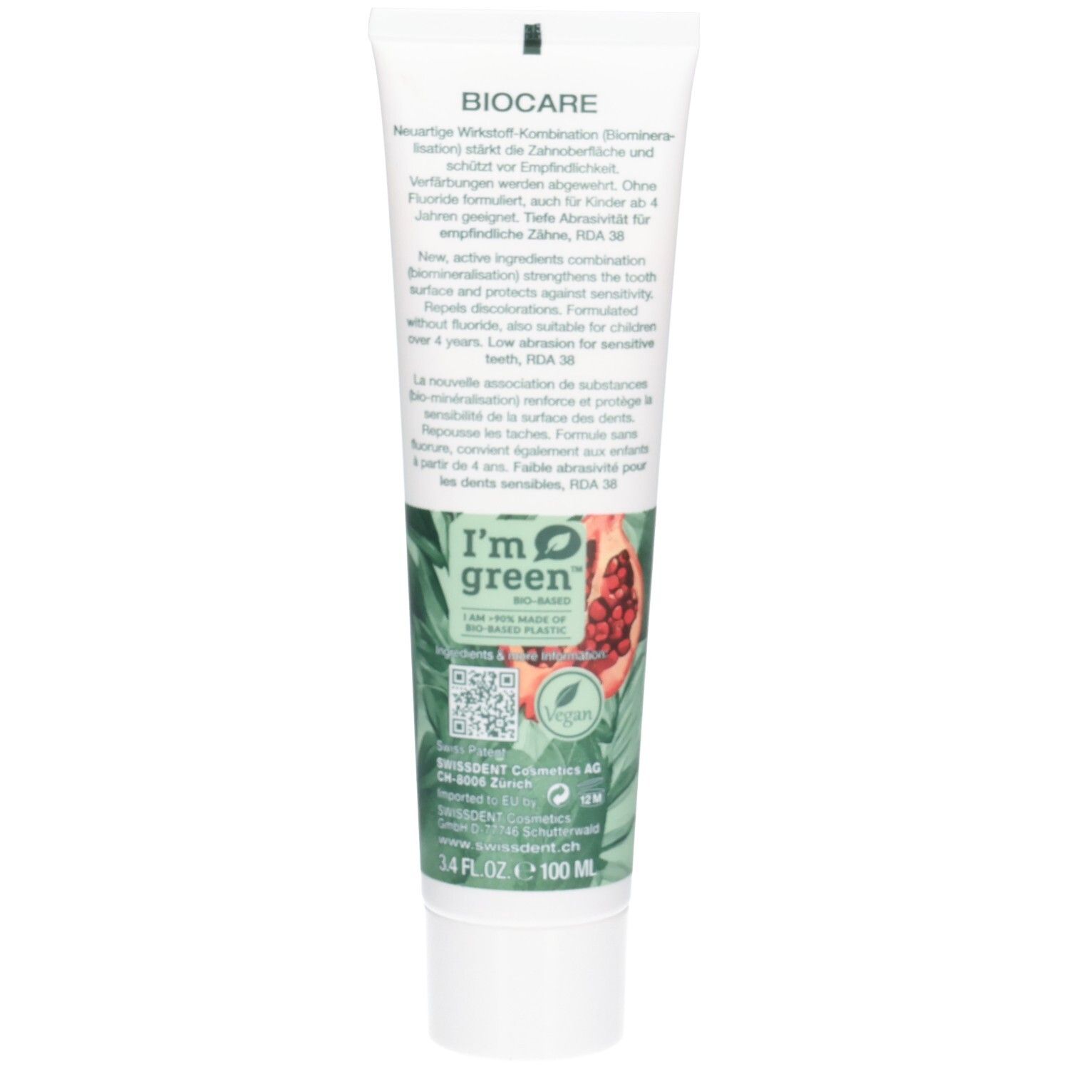 Rückseite der Zahnpasta-Tube. Textinformationen und Logos. 'I'm green' Logo und QR-Code.