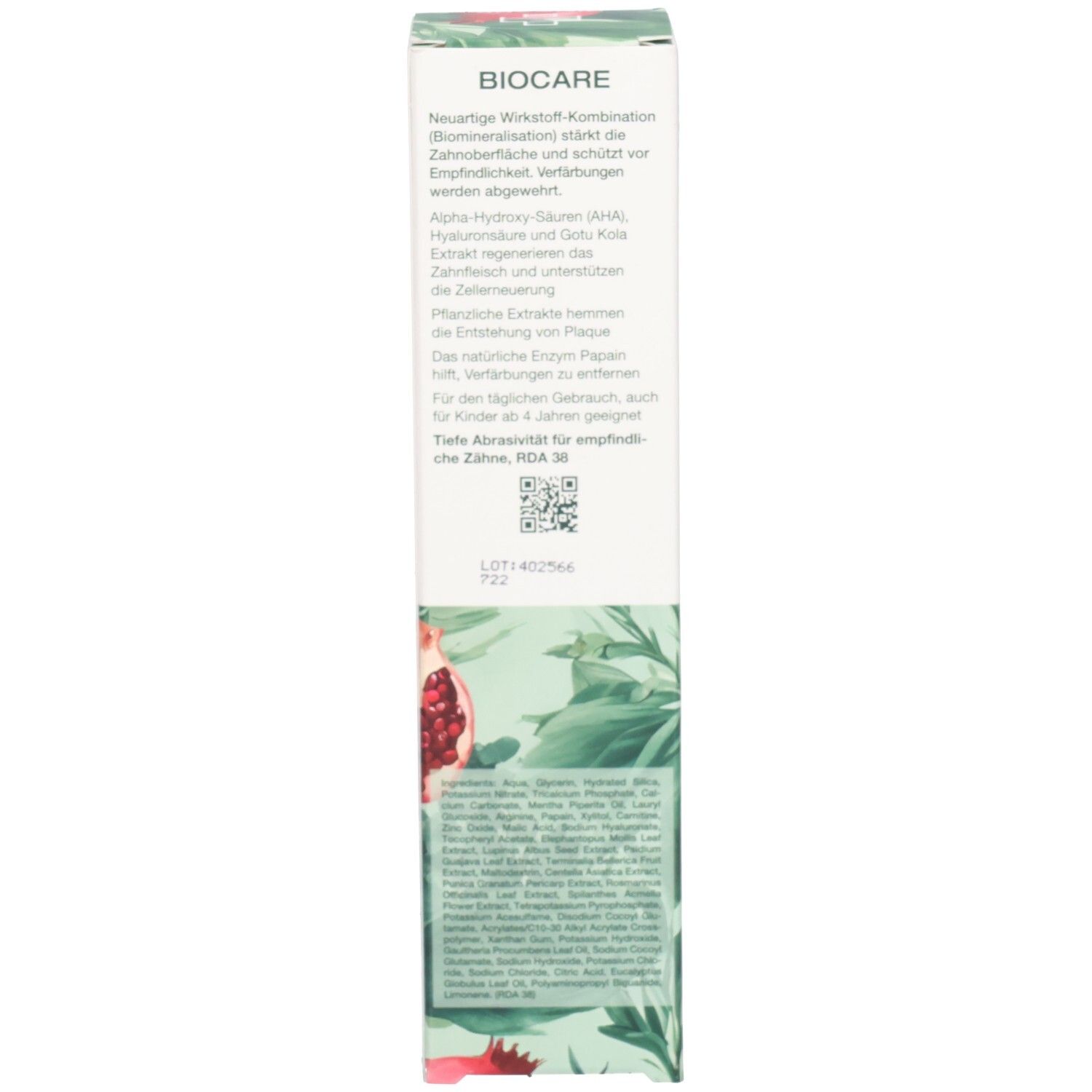 Rückseite der Schachtel. Textinformationen. Enthält Produktinformationen und Inhaltsstoffe. Granatapfel-Illustration.