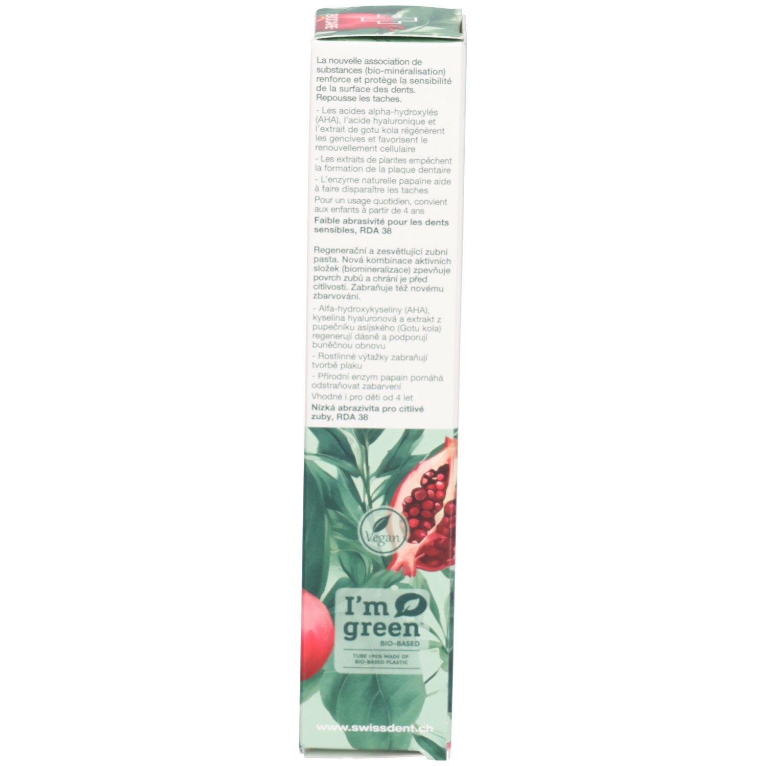 Rückseite der Schachtel. Textinformationen. Enthält Produktinformationen und Inhaltsstoffe. 'I'm green' Logo.