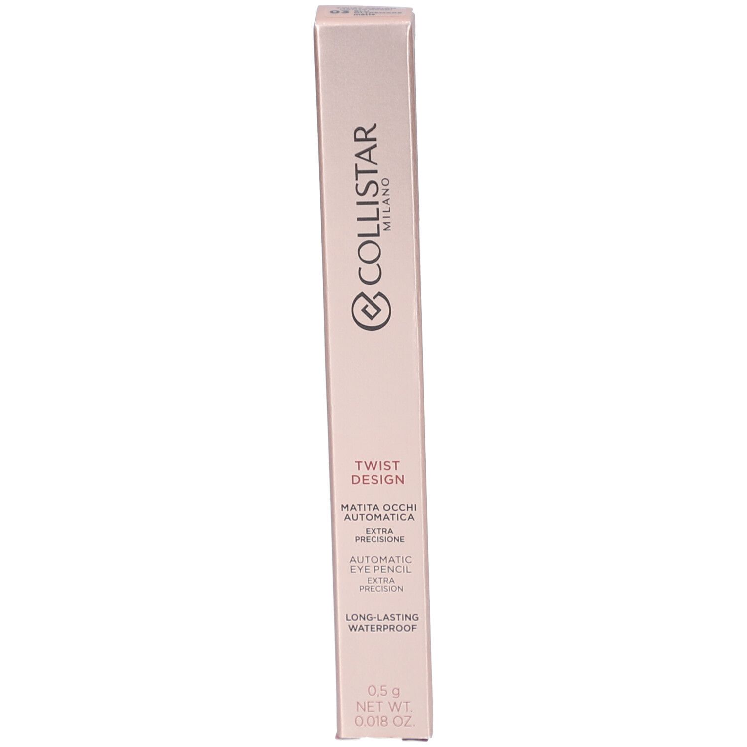 Collistar Twist Design Crayon Yeux. Boîte rose. Texte: Twist Design, Matita Occhi Automatica, Automatic Eye Pencil, Long-lasting Waterproof.