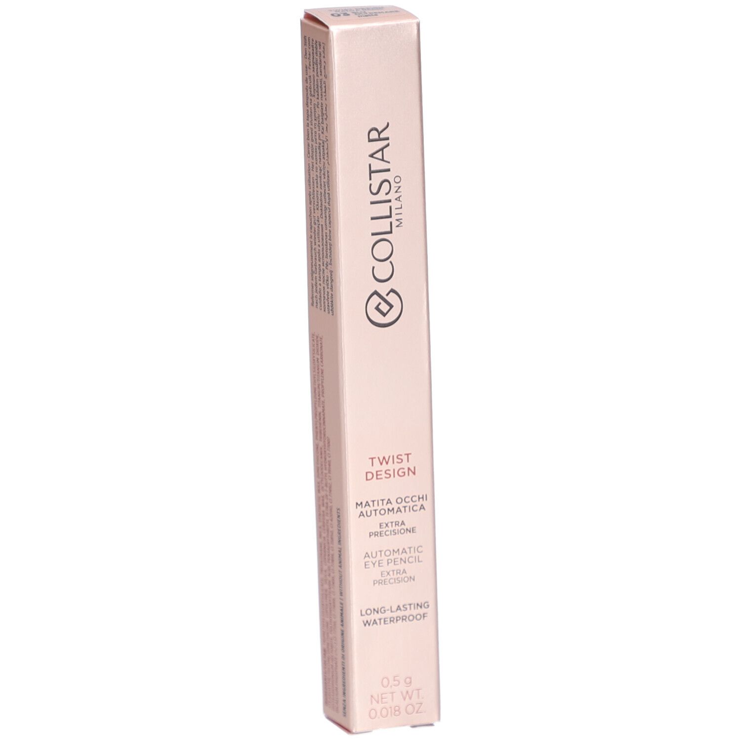 Collistar Twist Design Crayon Yeux. Boîte rose. Texte: Twist Design, Matita Occhi Automatica, Automatic Eye Pencil, Long-lasting Waterproof.