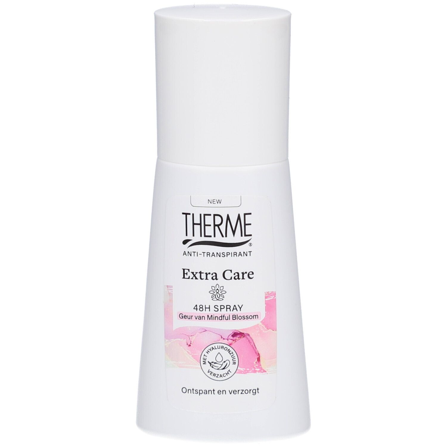 Weißes Therme Anti-Transpirant-Spray. Aufschrift: Extra Care, 48H Spray, Geur van Mindful Blossom. Mit rosa Blüten-Design.