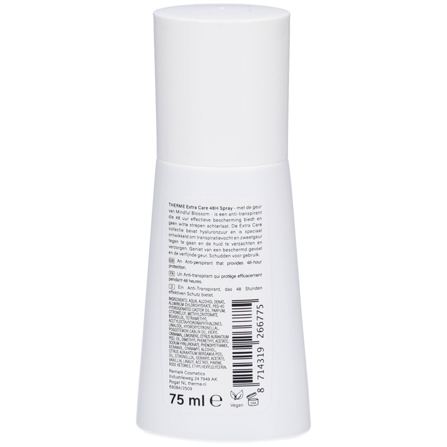 Rückseite des weißen Therme Anti-Transpirant-Sprays. Text und Barcode. Aufschrift: 75 ml e, vegan.