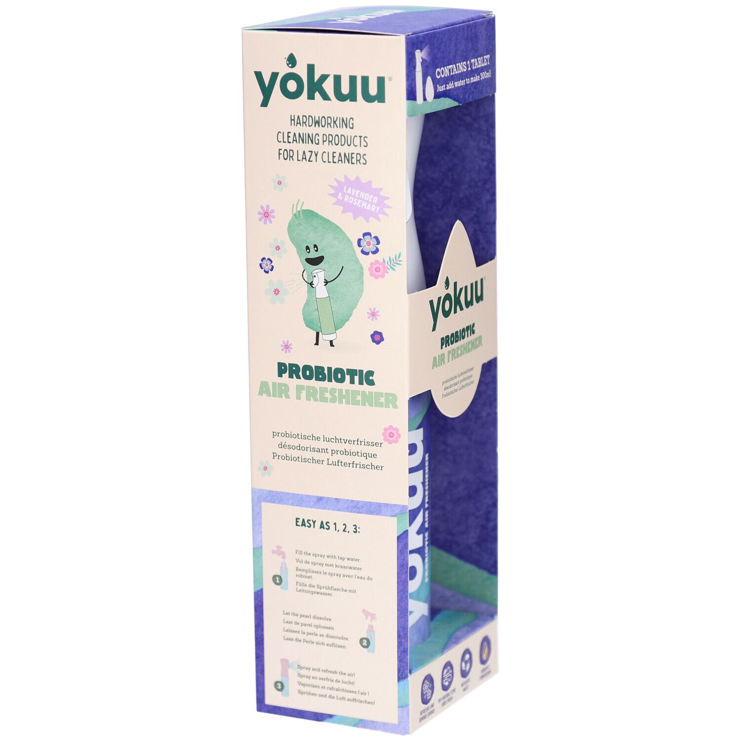 Verpackung mit Illustrationen und Text. Aufschrift: Yokuu Probiotic Air Freshener. Reinigungsanleitung mit Bildern.