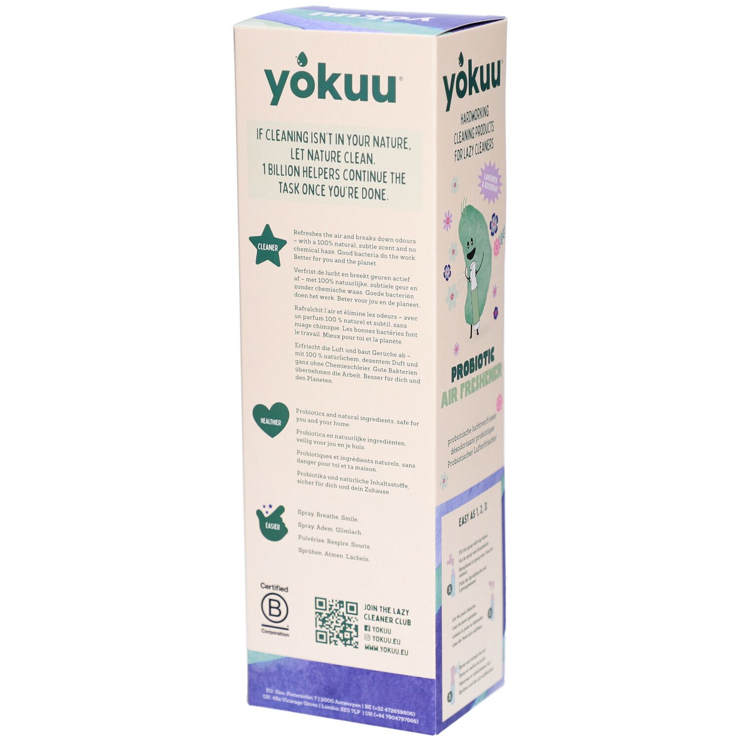 Rückseite der Verpackung. Text über das Produkt und Zertifizierung. Logo: B Corp.