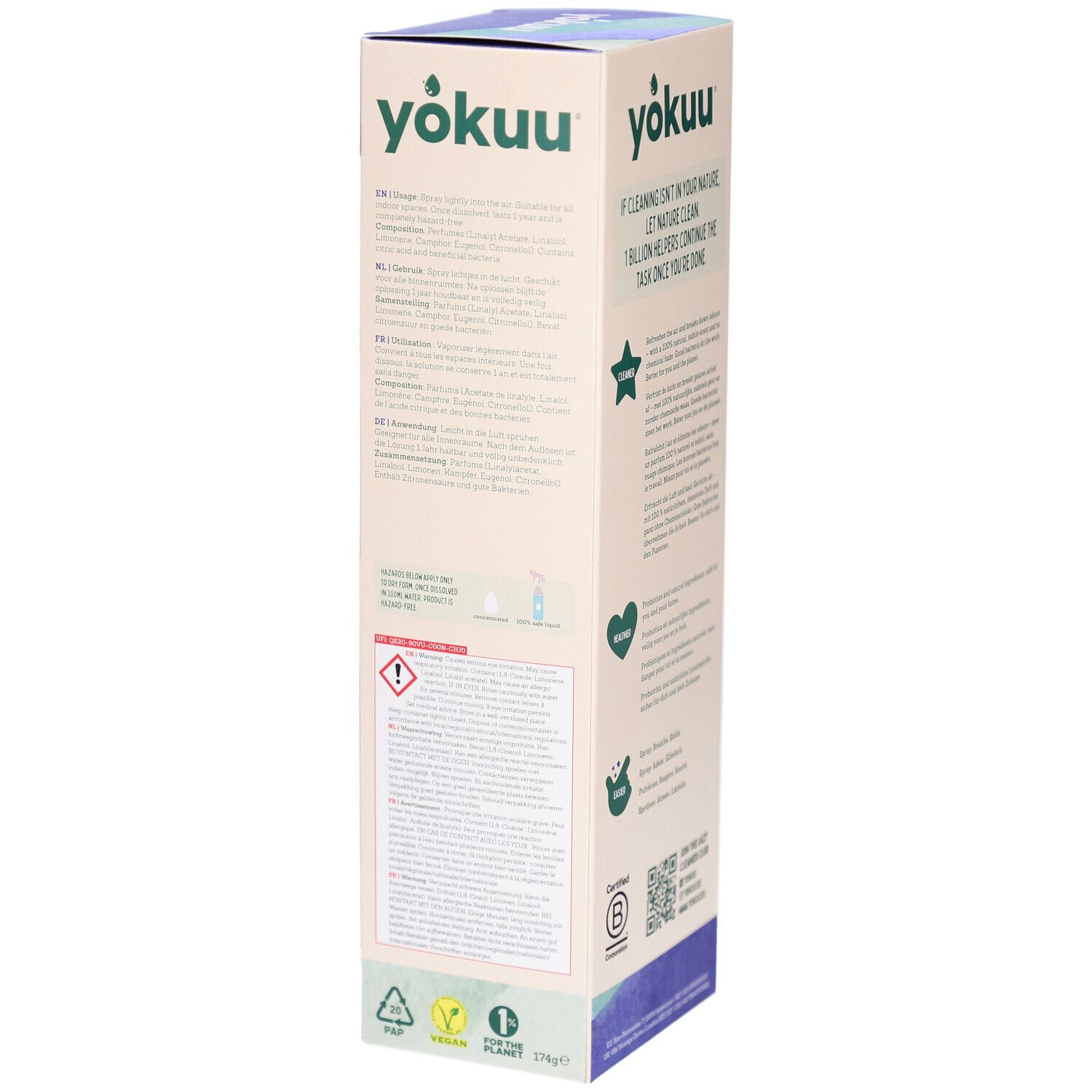 Seitenansicht der Verpackung. Text und Warnhinweise. Logos: Vegan, Zero Waste.