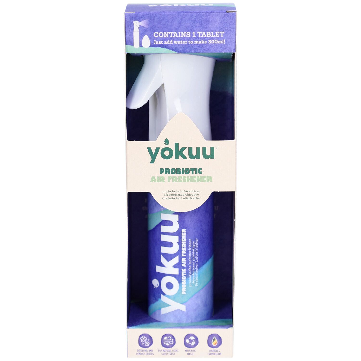 Verpackung mit Sprühflasche und Zylinder. Aufschrift: Yokuu Probiotic Air Freshener. Enthält 1 Tablette.