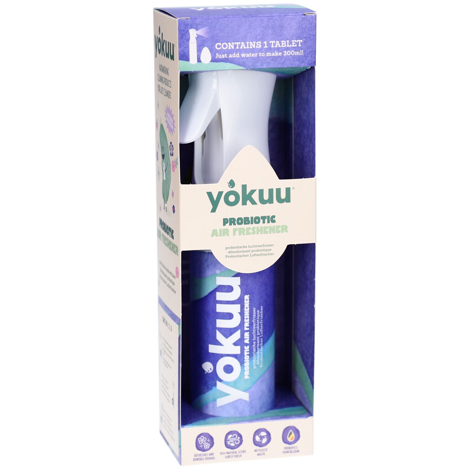 Verpackung mit Sprühflasche und Zylinder. Aufschrift: Yokuu Probiotic Air Freshener. Enthält 1 Tablette.