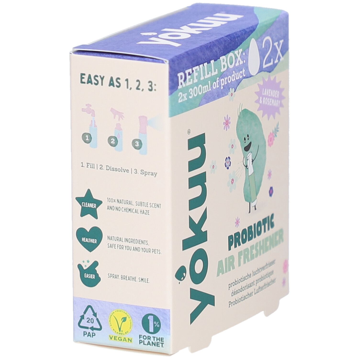 Yokuu Probiotic Air Freshener Box. Anleitung: 1. Füllen. 2. Auflösen. 3. Sprühen. Mit Logos und Illustrationen.