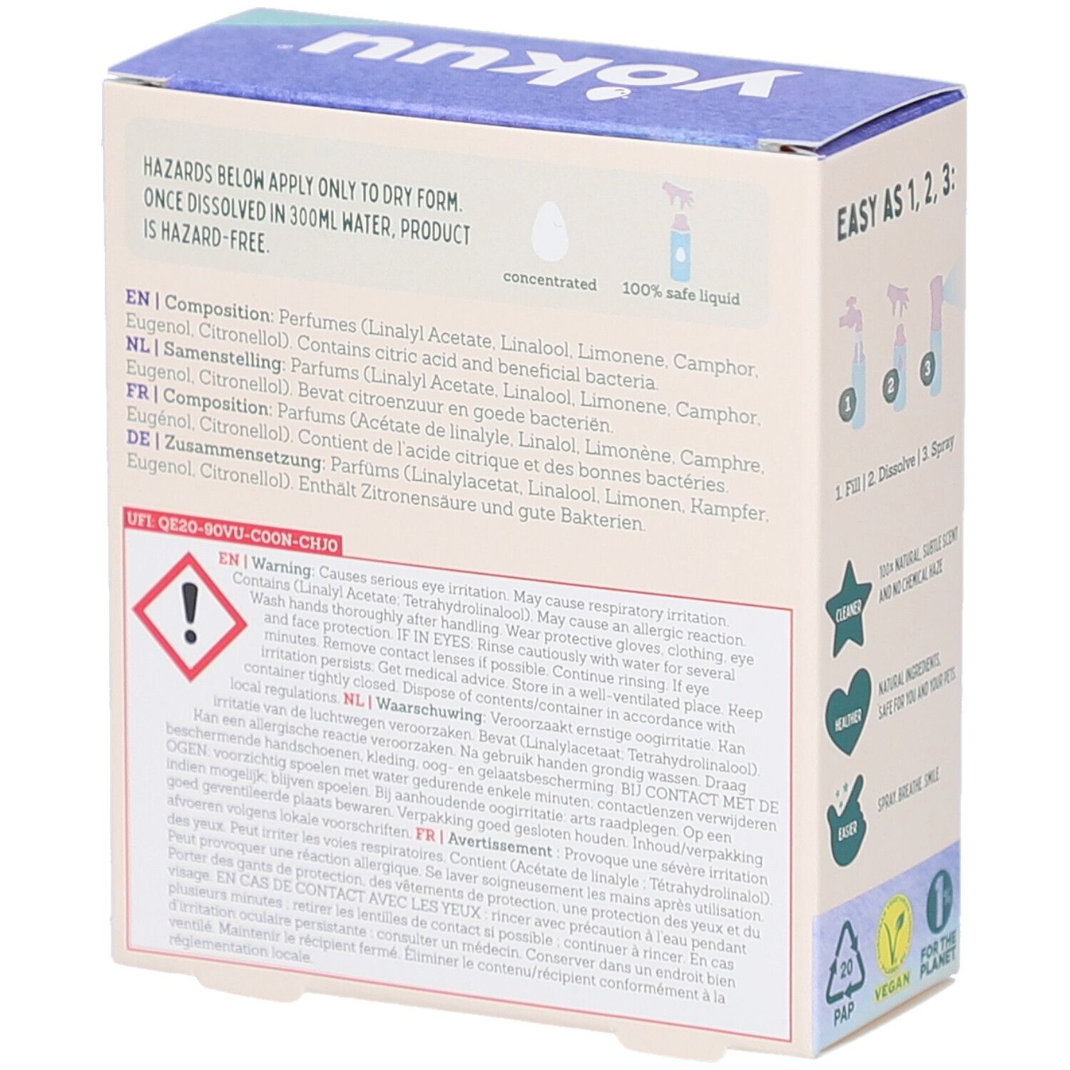 Rückseite der Yokuu Probiotic Air Freshener Box. Inhaltsstoffe, Warnhinweise und Anweisungen in mehreren Sprachen.