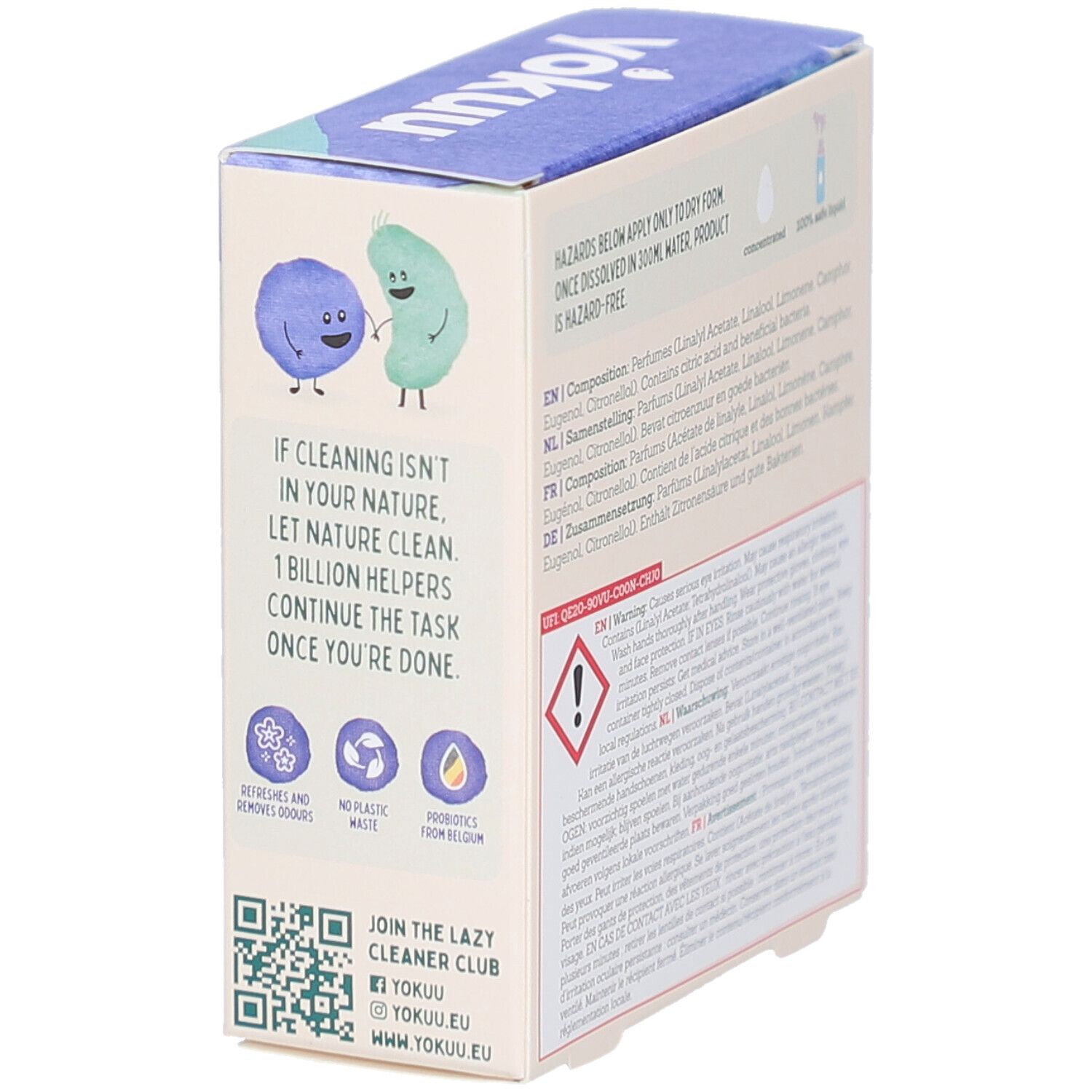 Yokuu Probiotic Air Freshener Box. Text: Wenn Reinigen nicht in Ihrer Natur ist... Mit Illustrationen und Logos.