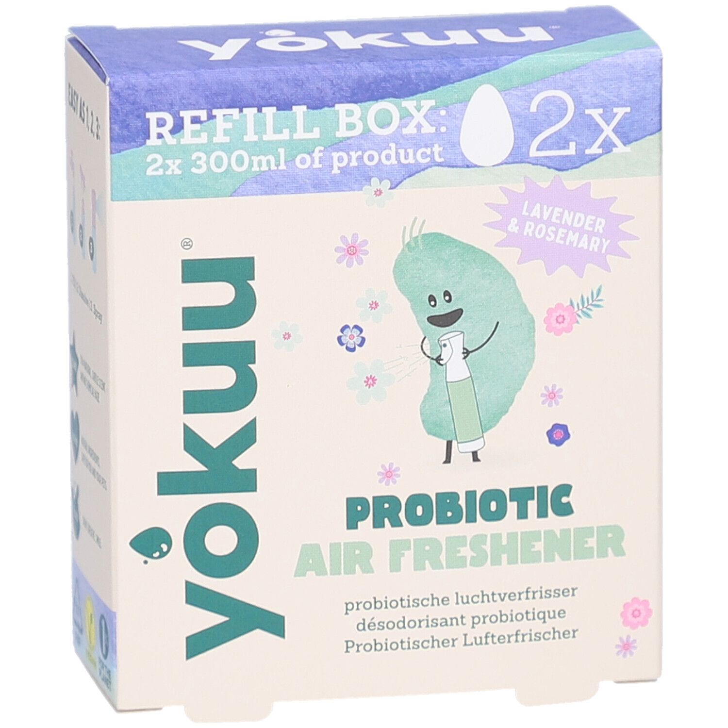 Yokuu Probiotic Air Freshener Box. Lavendel & Rosmarin. 2x 300ml Nachfüllpackung. Mit Illustrationen.