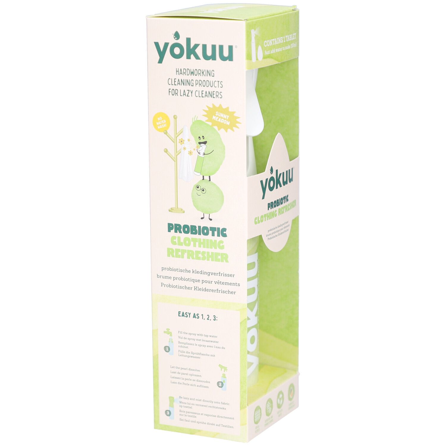 YOKUU Kleiderauffrischer Starter Kit. Grüne Flasche mit Sprühkopf in Karton. Illustrationen und Text auf der Verpackung.