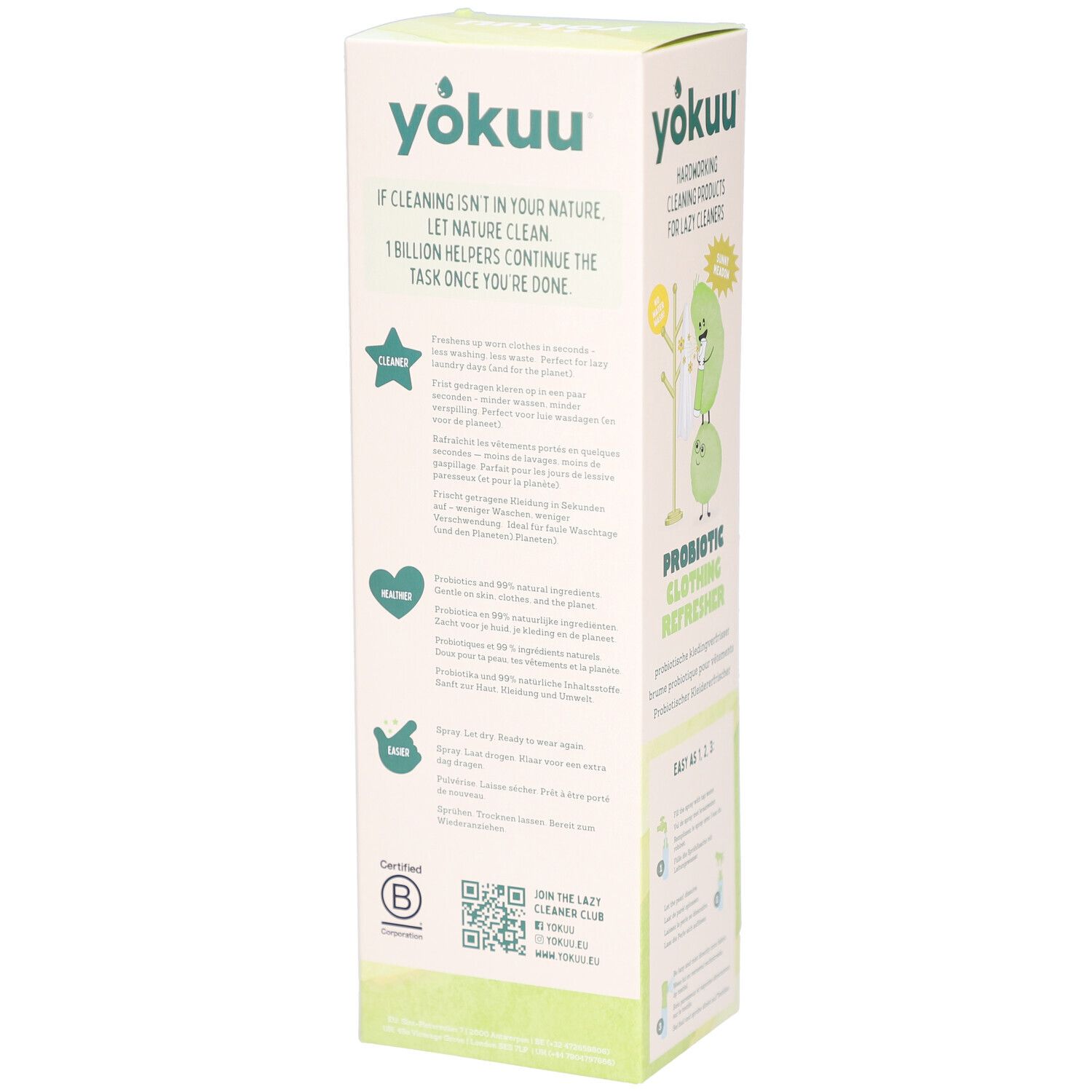 Rückseite der YOKUU Kleiderauffrischer Starter Kit Verpackung. Text und Logos auf grünem Hintergrund. B Corp-Zertifizierung.