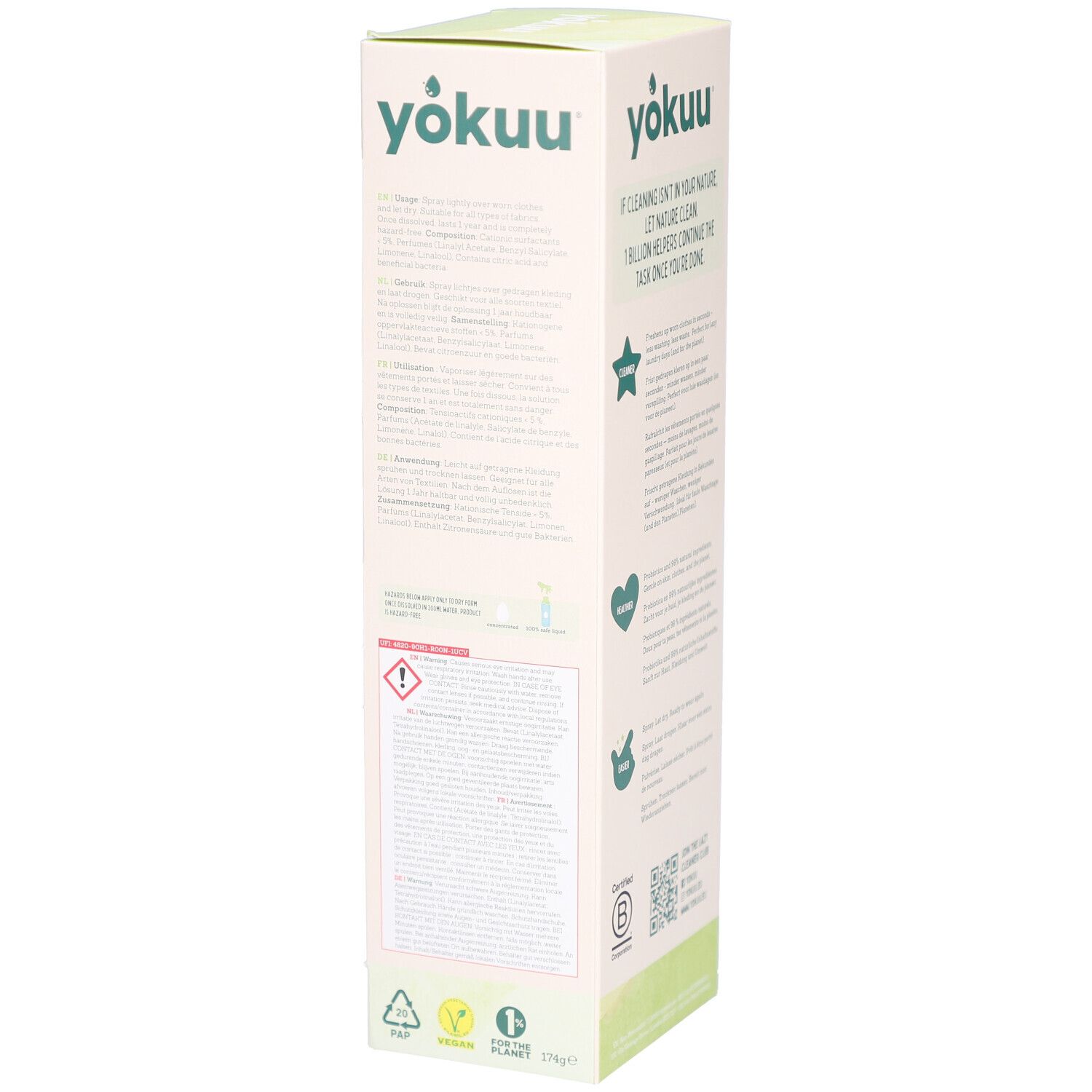 Seite der YOKUU Kleiderauffrischer Starter Kit Verpackung. Text und Logos auf grünem Hintergrund. Warnhinweise.