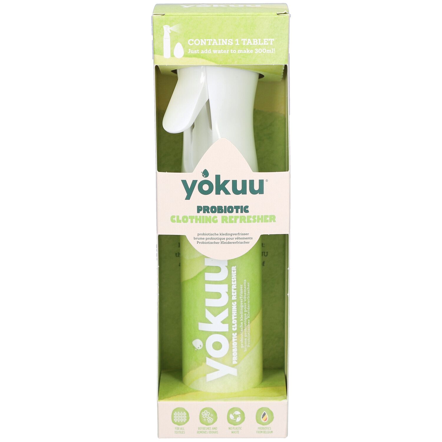 YOKUU Kleiderauffrischer Starter Kit. Grüne Flasche mit Sprühkopf in Karton. Enthält 1 Tablette.