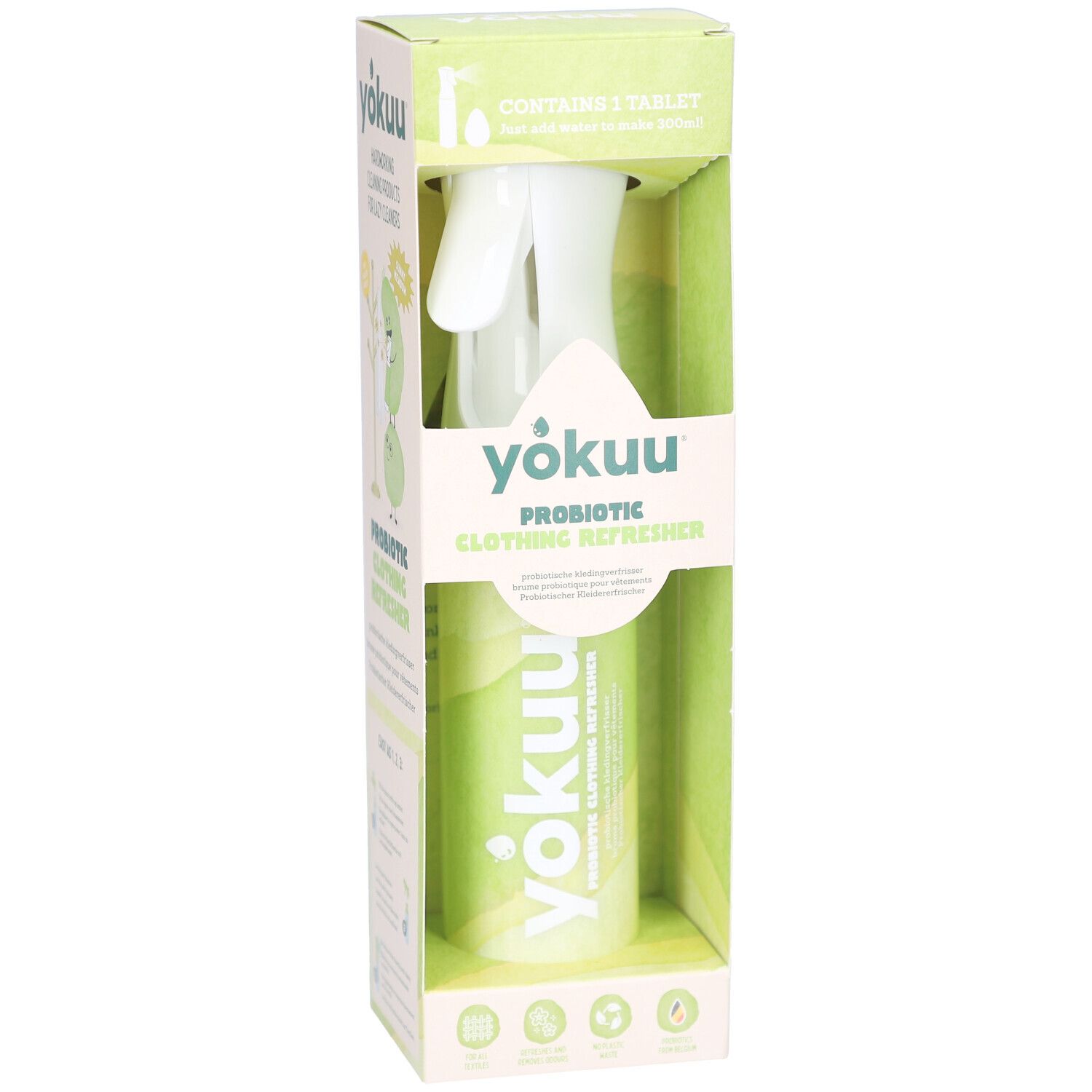 YOKUU Kleiderauffrischer Starter Kit. Grüne Flasche mit Sprühkopf in Karton. Enthält 1 Tablette.