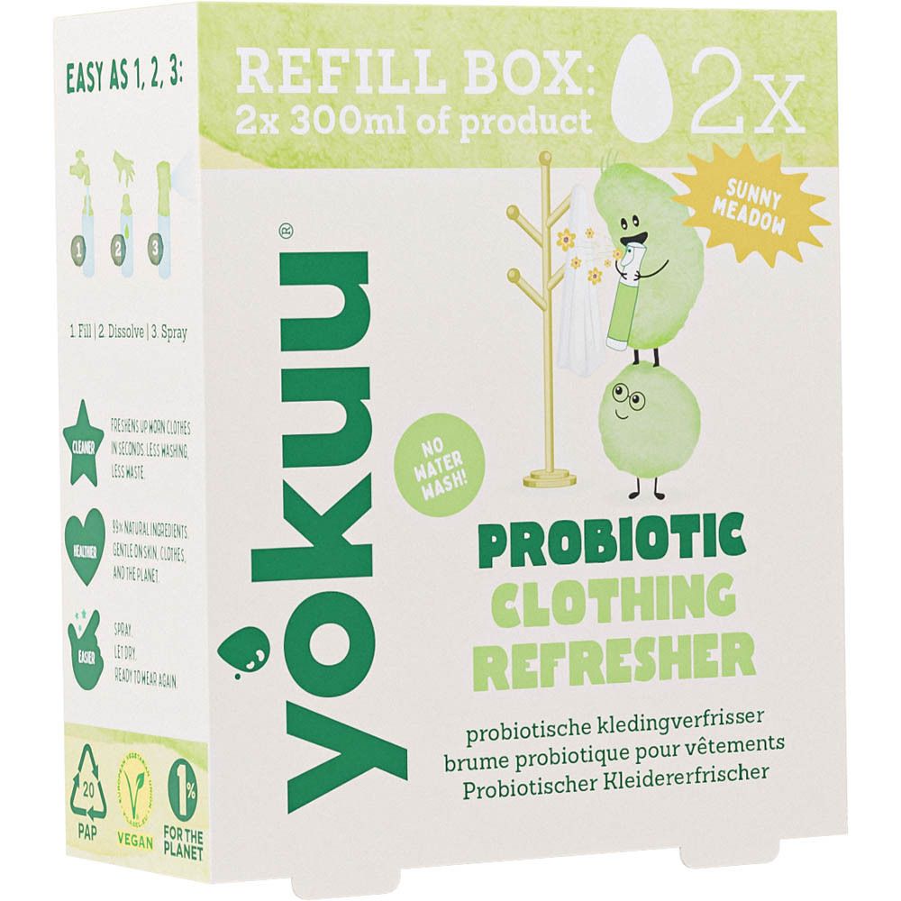 Boîte en carton avec impressions. Inscriptions : Yokuu, Refill Box, Probiotic Clothing Refresher. Illustrations et instructions.