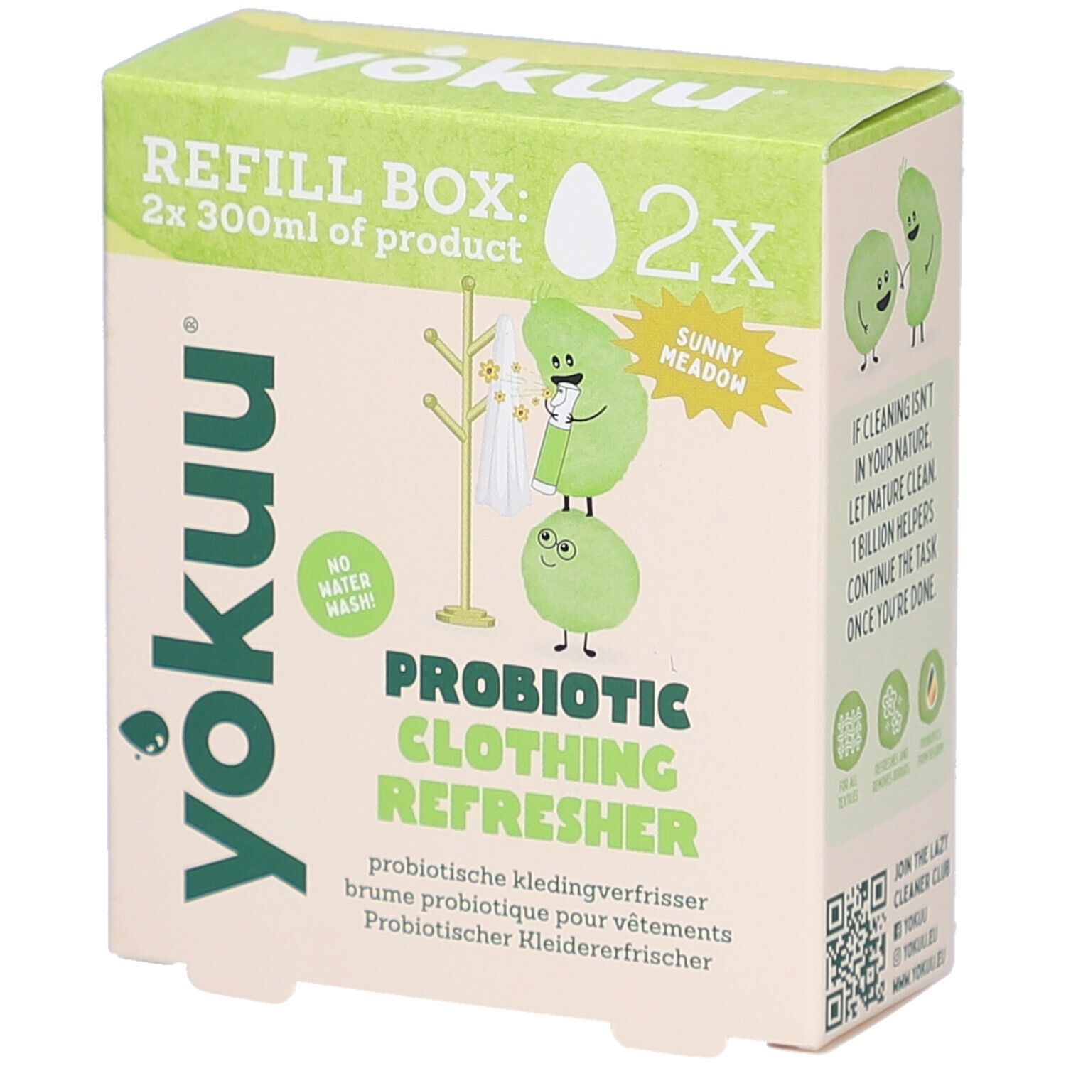 Kartonbox mit Produktaufdrucken. Aufschrift: Yokuu, Refill Box, Probiotic Clothing Refresher. Illustrationen von Figuren und Kleiderbügeln.