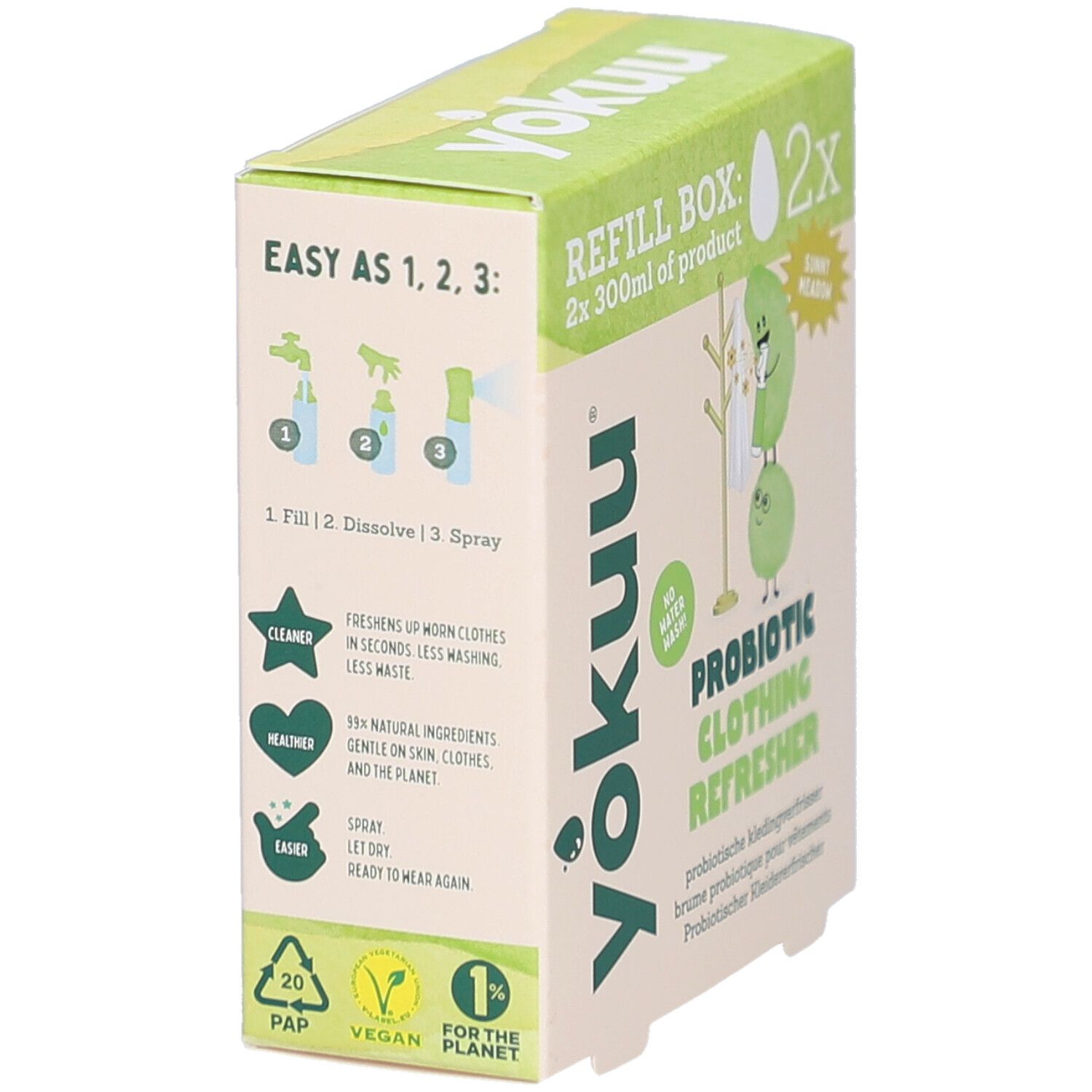 Kartonbox mit Produktaufdrucken. Aufschrift: Yokuu, Refill Box, Probiotic Clothing Refresher. Illustrationen und Anweisungen.